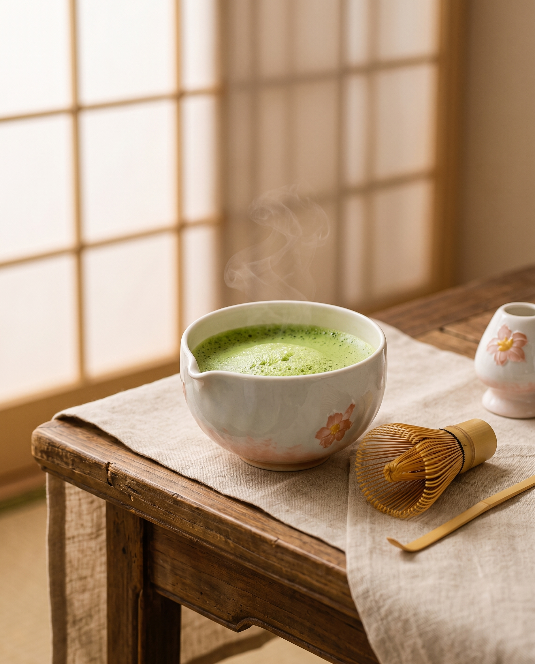 Cherry Blossom Matcha Ceremonial Set — whisked frothy matcha in the bowl, linen runner, serene tea room mood