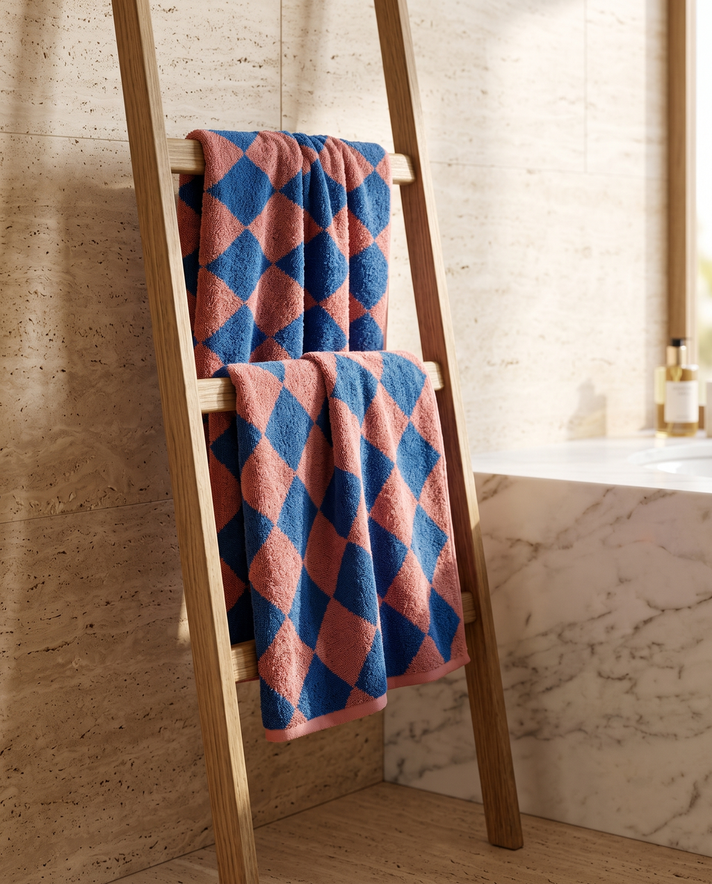 Blue Diamond Pattern Cotton Bath Towel Set — hung over wooden towel ladder with natural folds, spa bathroom, marble