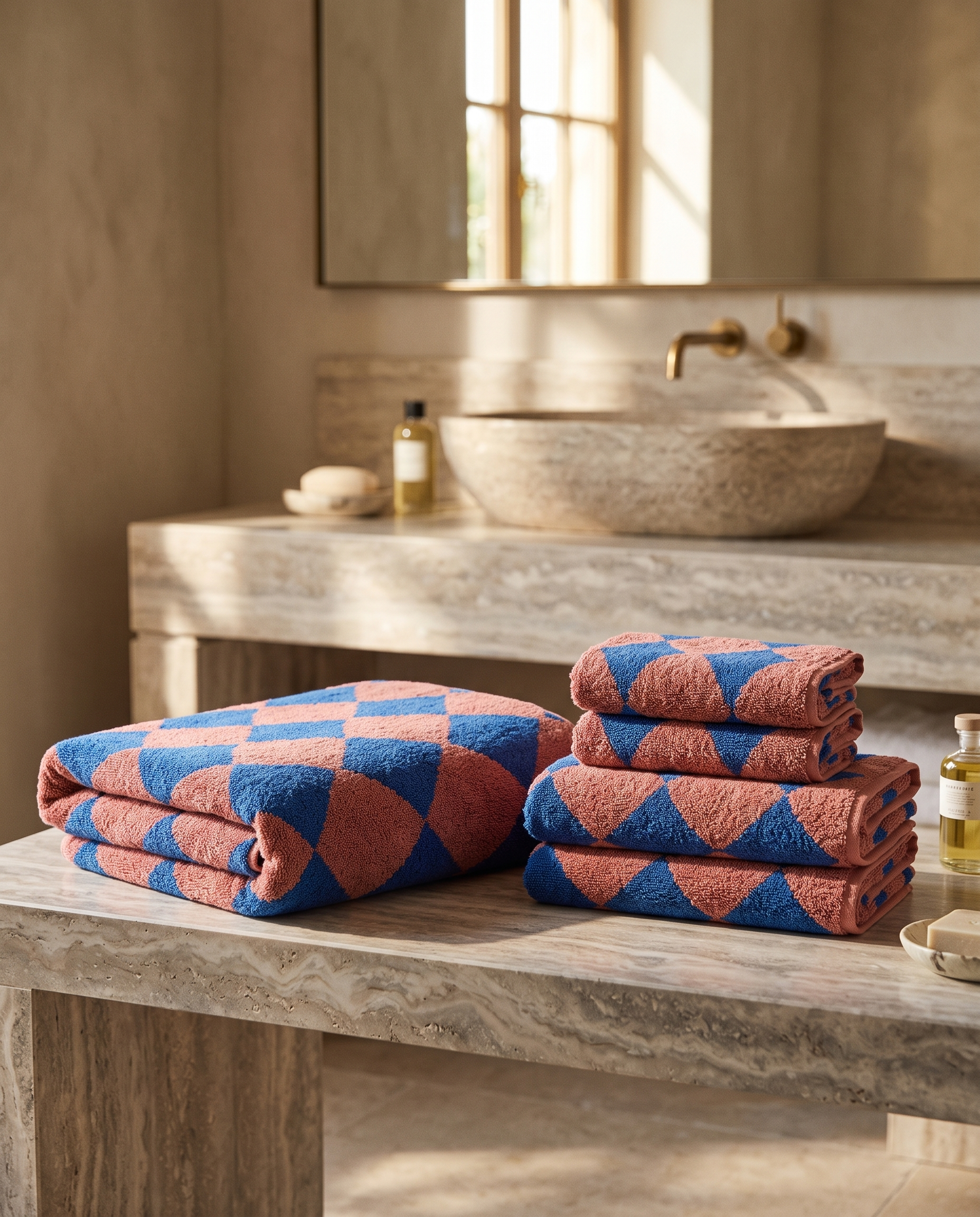Blue Diamond Pattern Cotton Bath Towel Set — full set bath and hand towels folded together, luxury hotel spa, marble bench