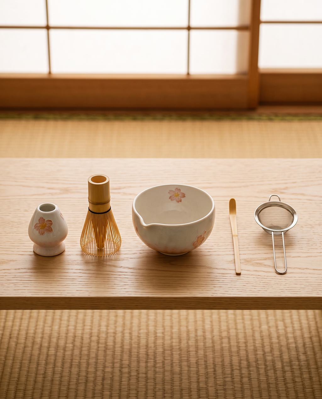 Cherry Blossom Matcha Ceremonial Set — all 5 pieces laid out on pale oak, showing full kit contents in a zen setting