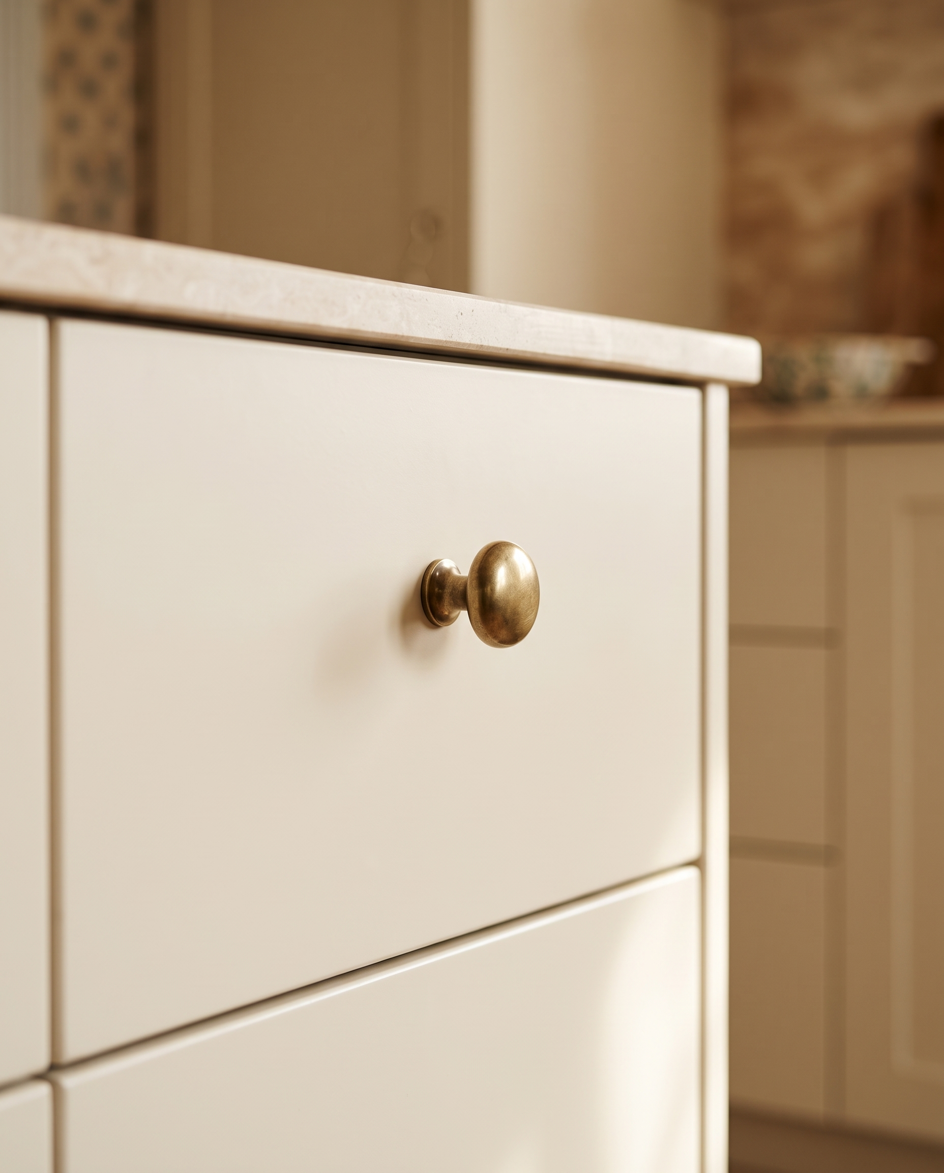 Brass Mushroom Cabinet Knob — installed hero, minimalist kitchen cabinet drawer, warm modern luxury interior