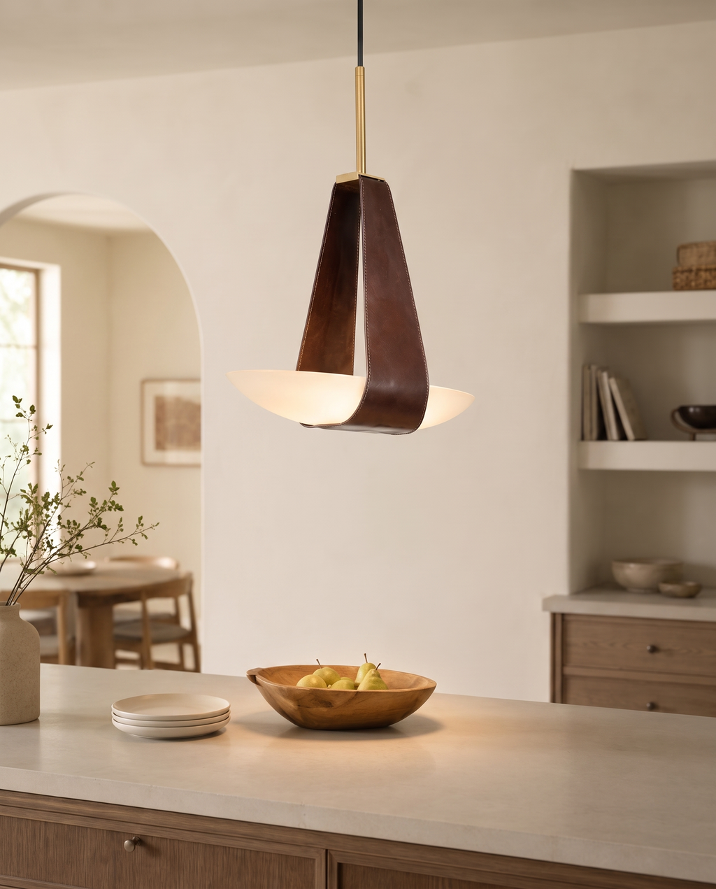 Frosted Glass Pendant Light, Leather Strap LED