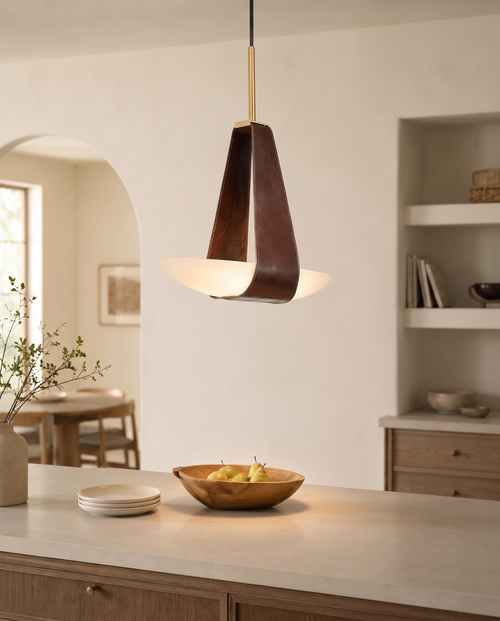 Frosted Glass Pendant Light, Leather Strap LED
