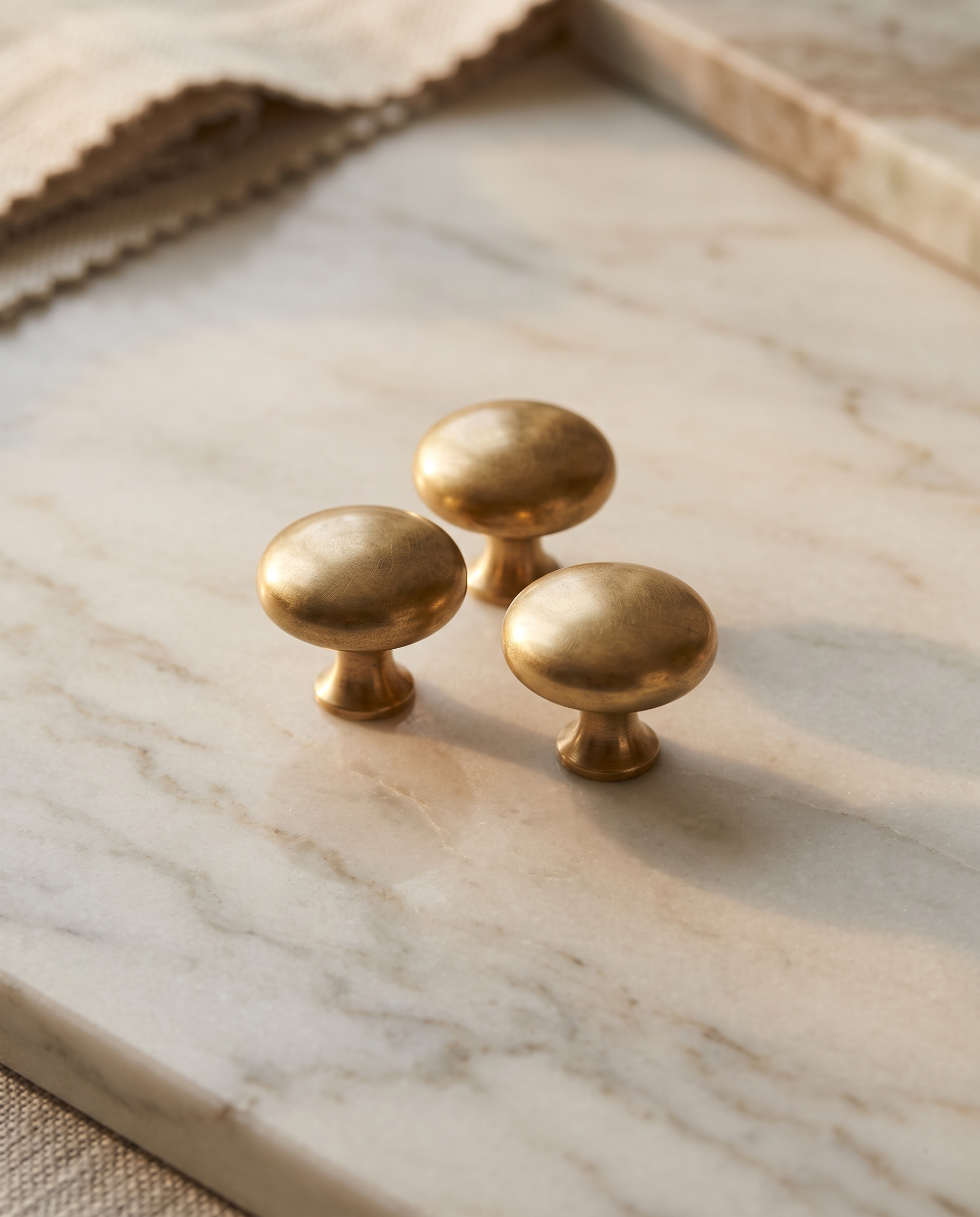 Brass Mushroom Cabinet Knob — set of knobs together on pale marble surface, showing scale and finish