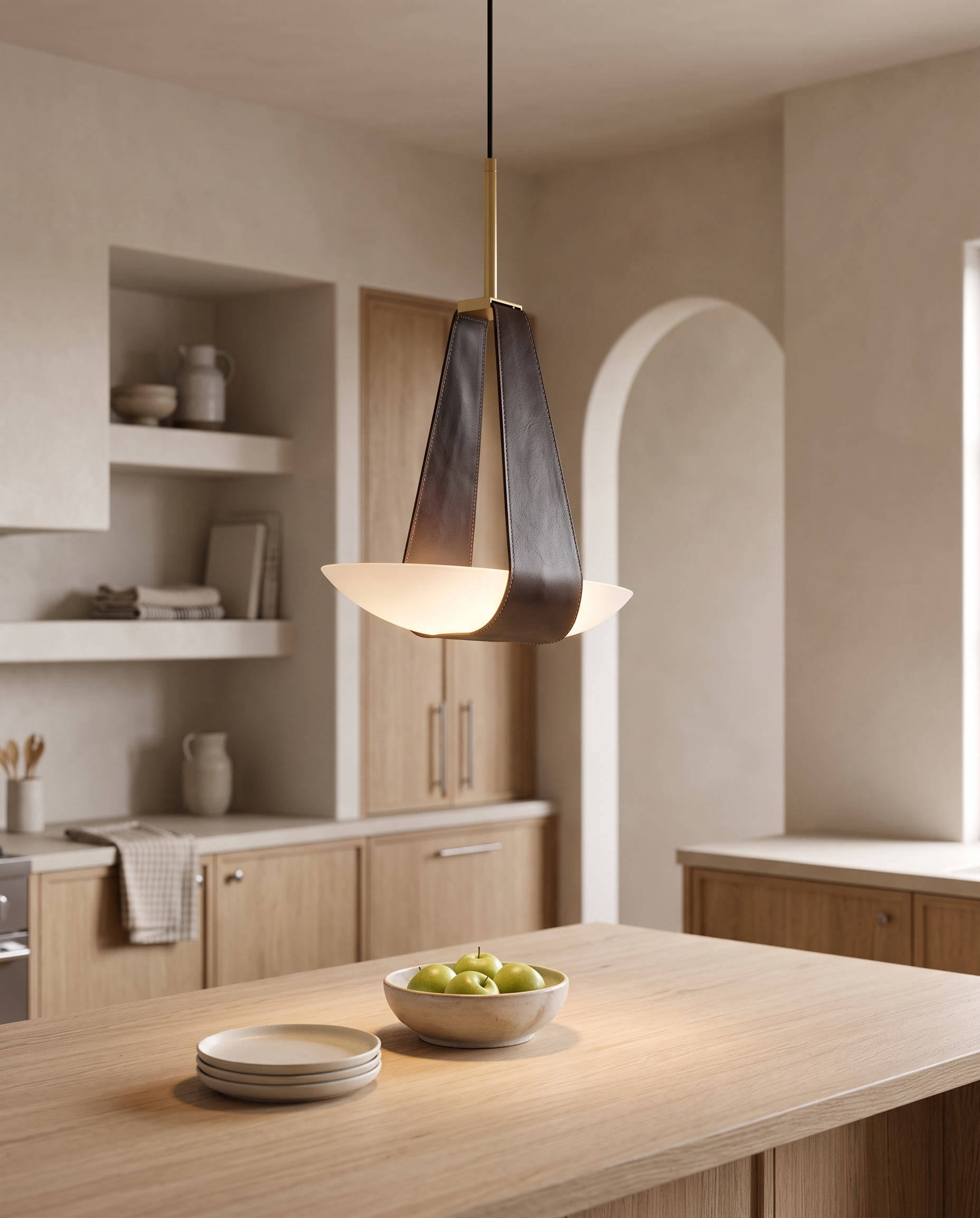 Frosted Glass Pendant Light, Leather Strap LED