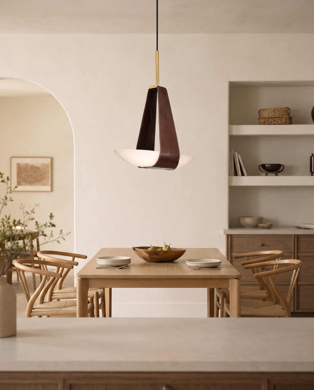 Frosted Glass Pendant Light, Leather Strap LED