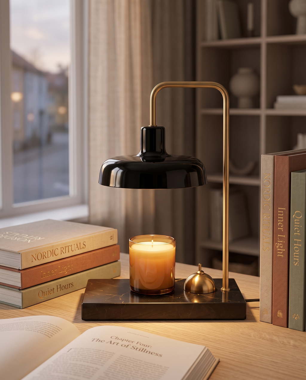 Marble Candle Warmer Lamp with Book Light — hero on a study desk with books