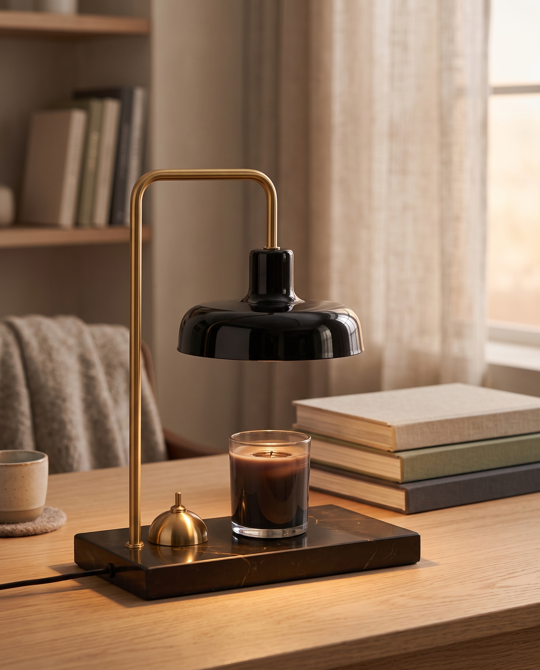 Marble Candle Warmer Lamp with Book Light — three-quarter angle on a light oak desk