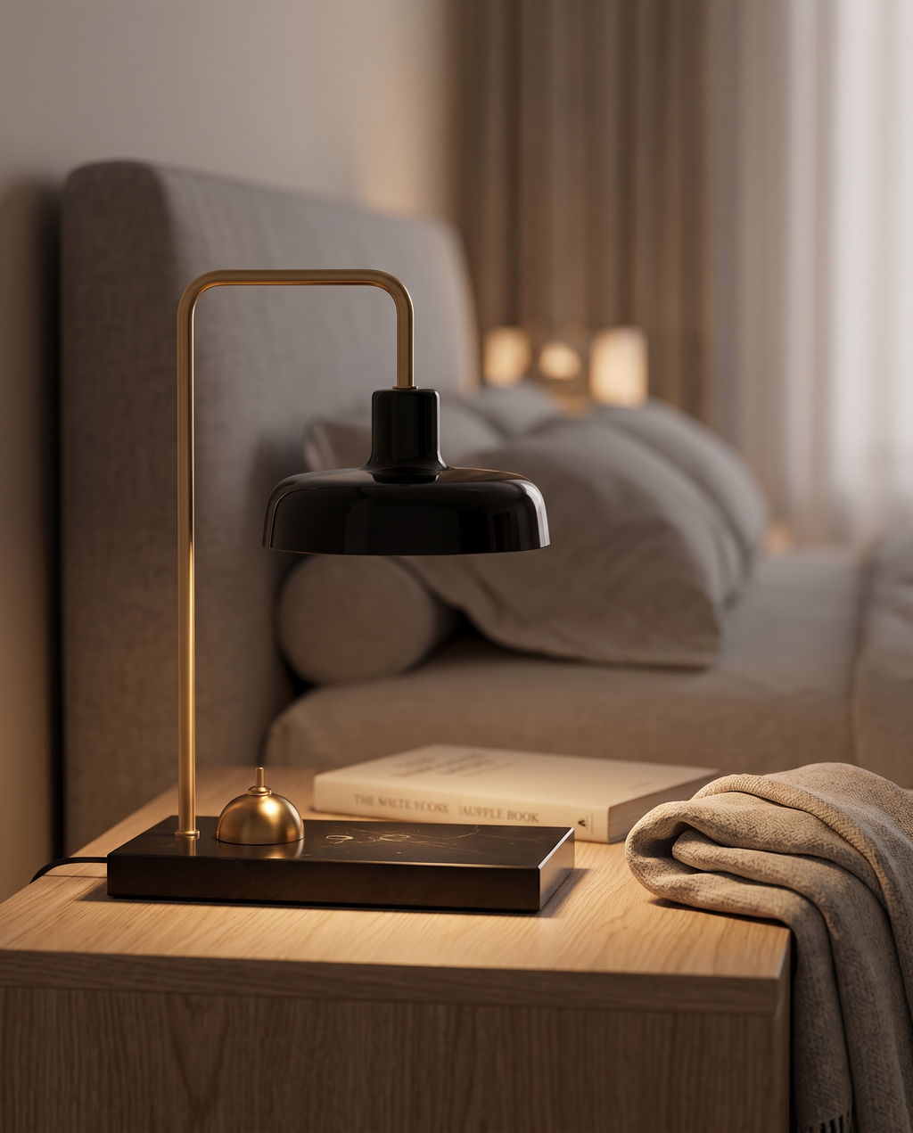 Marble Candle Warmer Lamp with Book Light — on a bedside table with a warm reading glow
