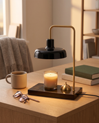 Marble Candle Warmer Lamp with Book Light — scale and placement with mug and books