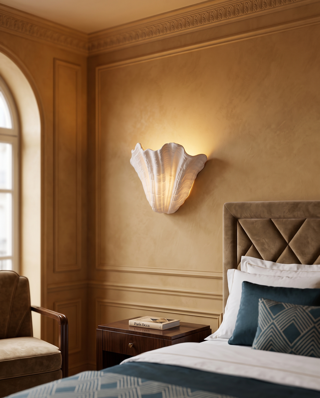Gypsum Shell LED Wall Sconce — lit gypsum shell sconce, Art Deco Parisian bedroom wall, soft warm upward glow