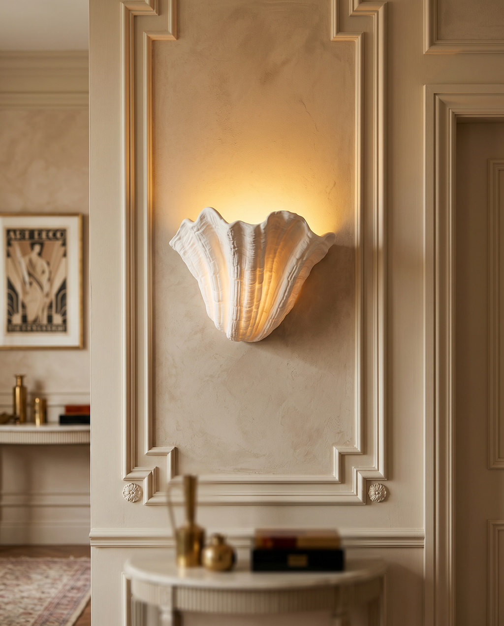 Gypsum Shell LED Wall Sconce — mounted in an Art Deco dining hallway, warm plaster wall, soft upward glow