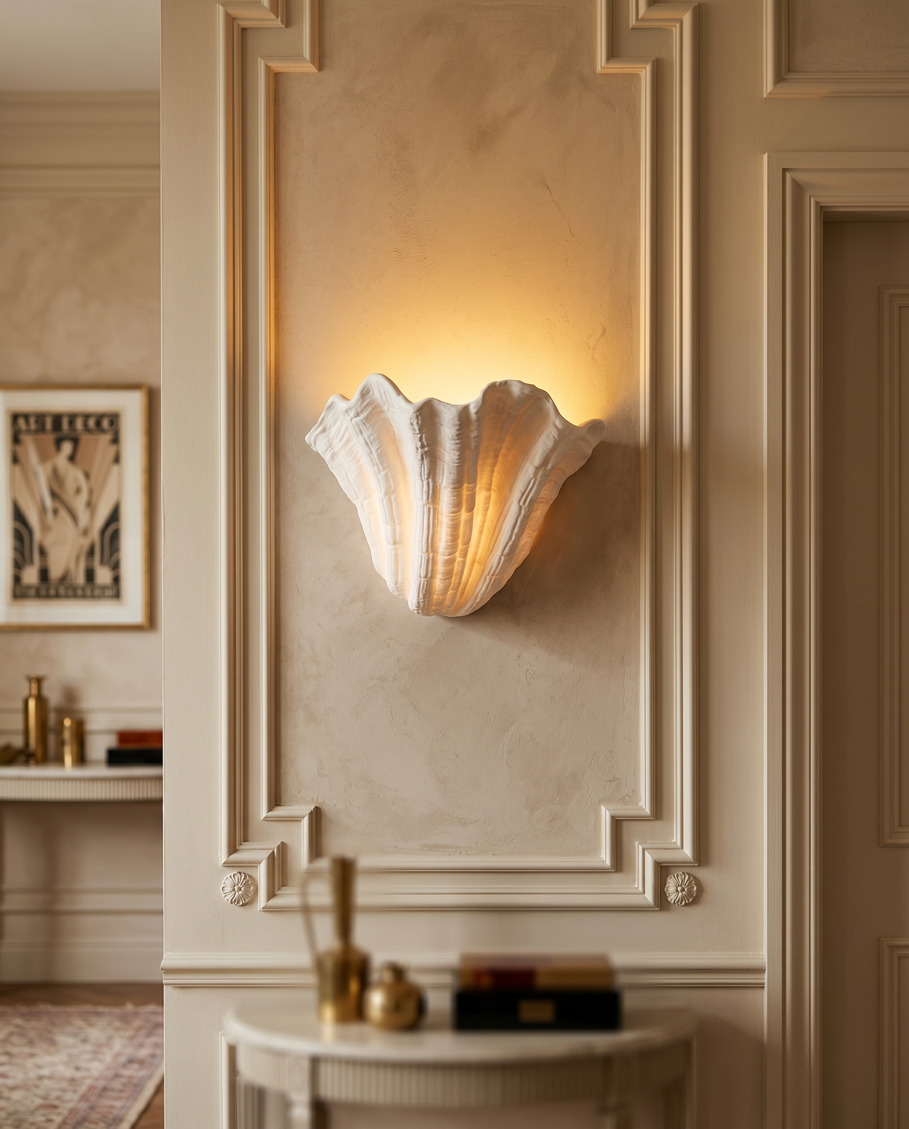 Gypsum Shell LED Wall Sconce — mounted in an Art Deco dining hallway, warm plaster wall, soft upward glow