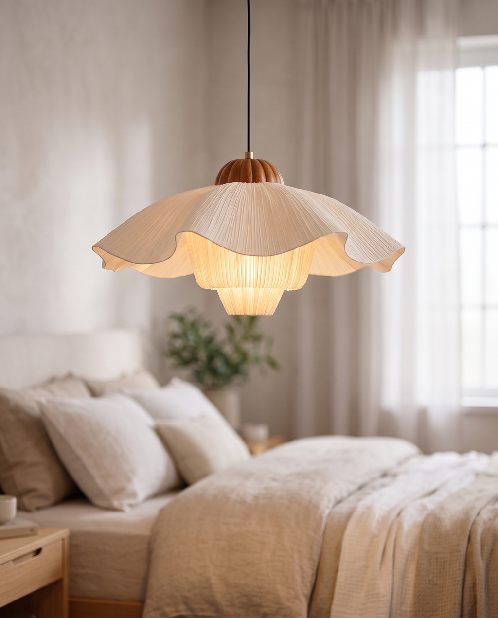 Pleated Petal Fabric Pendant Light, Cream — hero shot hanging in a soft modern bedroom, layered petal shade with a gentle warm glow