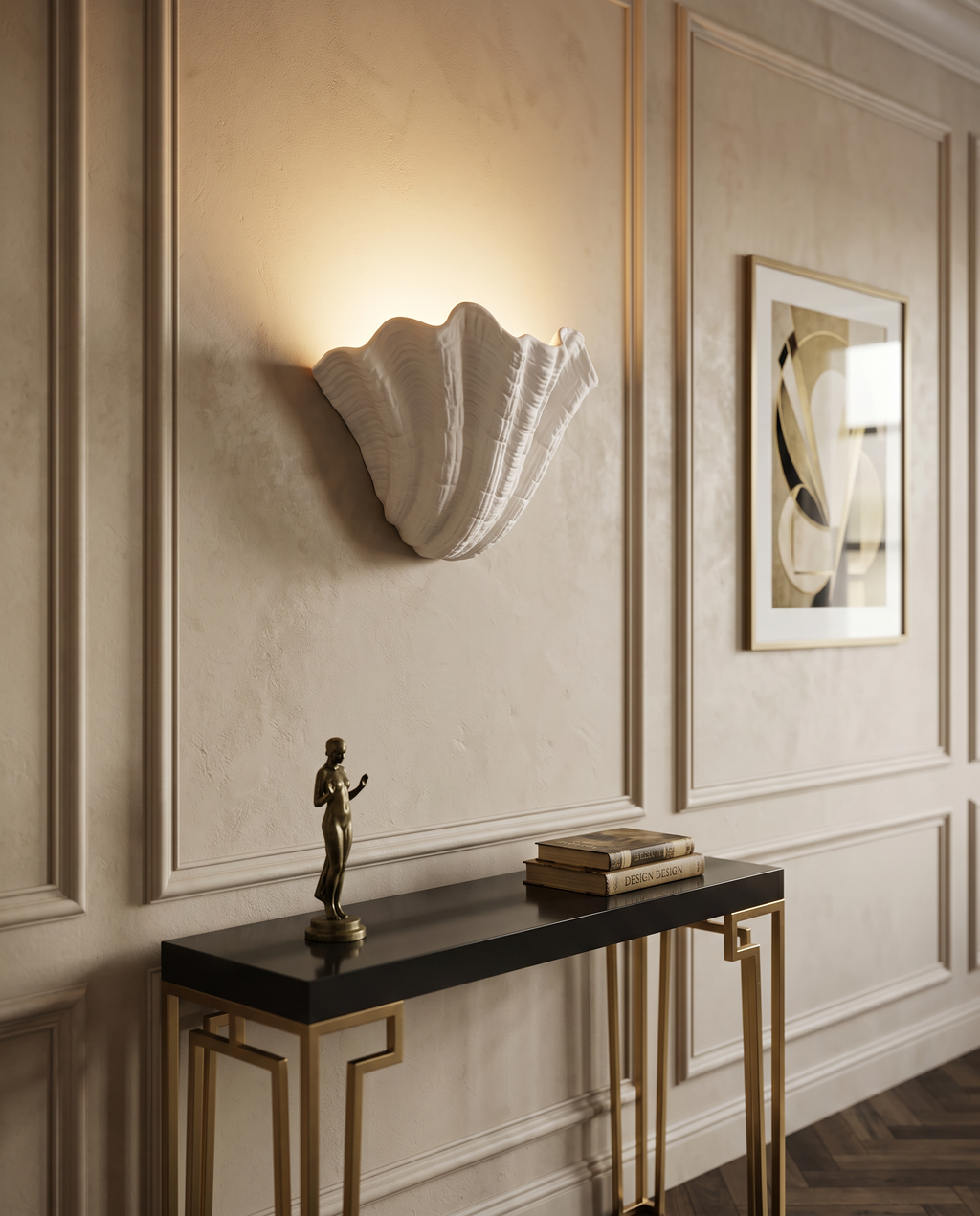 Gypsum Shell LED Wall Sconce — wider wall view with console table and artwork for scale, Parisian Art Deco suite