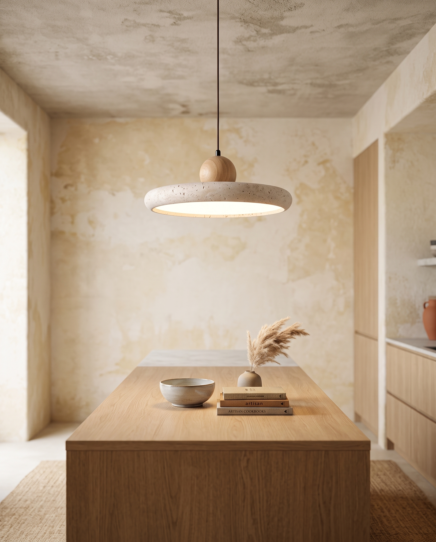 Sonoma Travertine & Wood Pendant — over a kitchen island, light oak cabinetry and aged plaster, soft warm light on the countertop