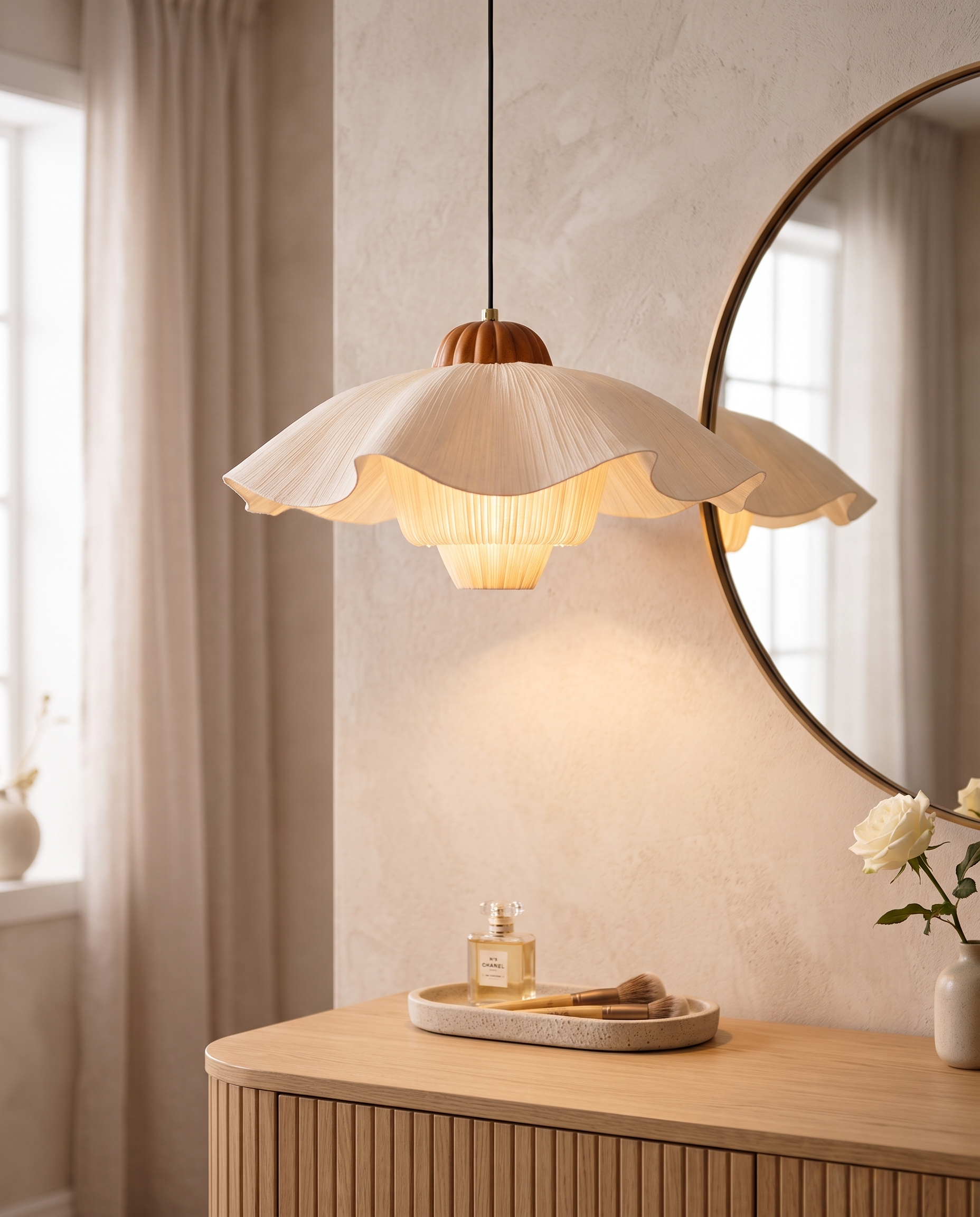 Pleated Petal Fabric Pendant Light, Cream — second environment above a soft modern vanity in an elegant dressing area