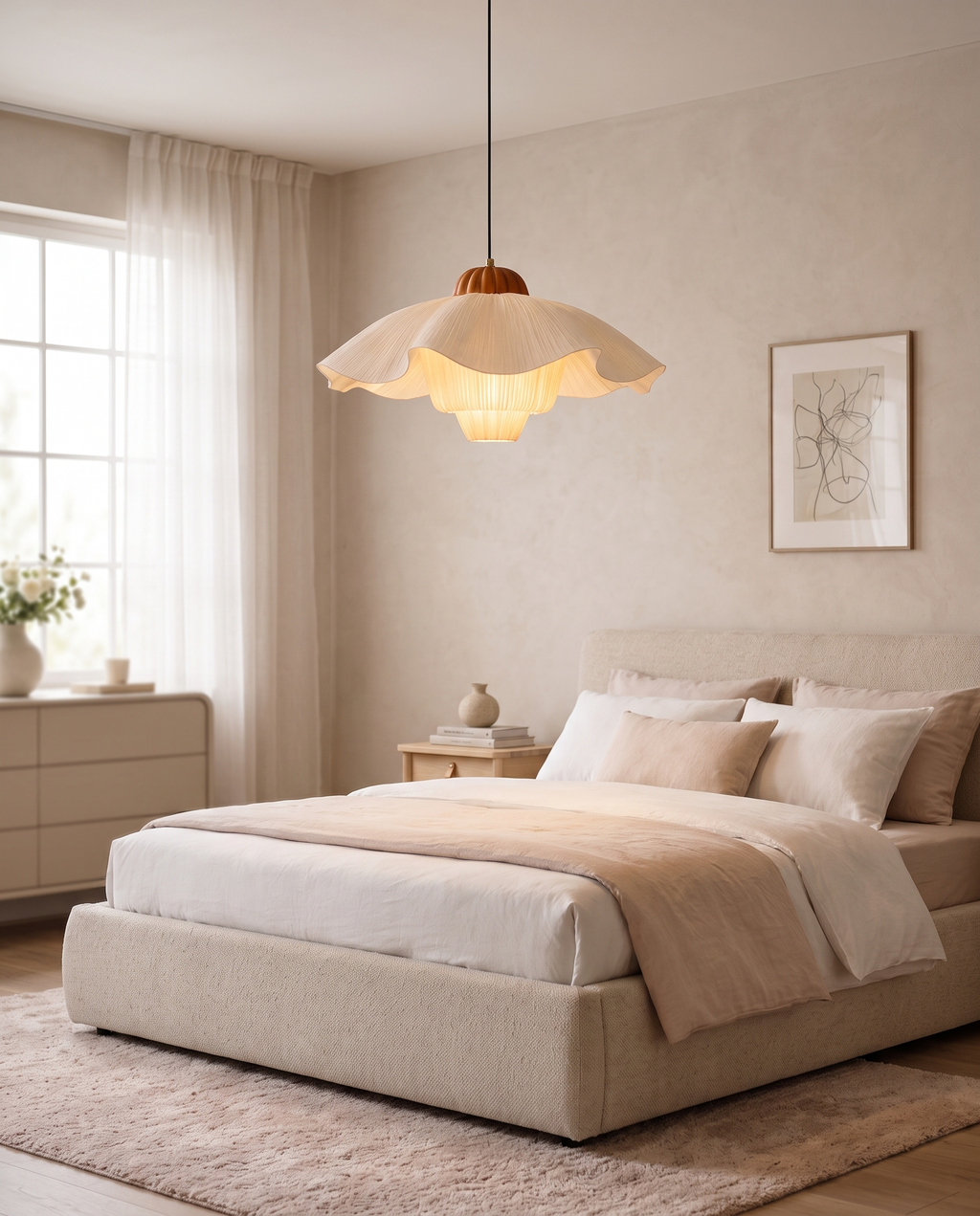 Pleated Petal Fabric Pendant Light, Cream — wider placement and scale view in a soft modern feminine bedroom