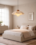 Pleated Petal Fabric Pendant Light, Cream — wider placement and scale view in a soft modern feminine bedroom