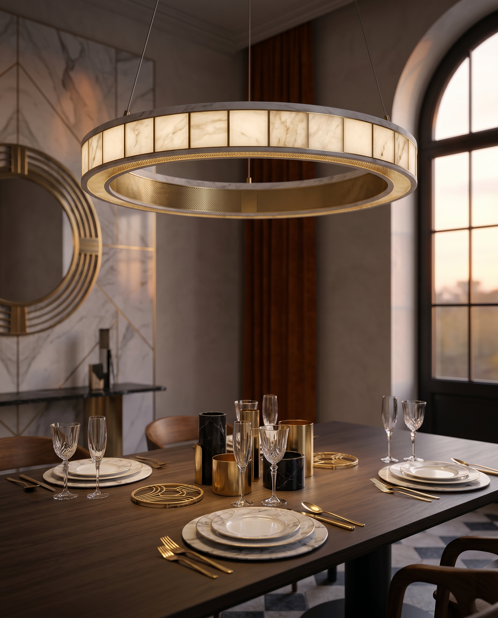 Marble Halo LED Pendant Light — hero, luxury Art Deco dining room, soft warm halo glow over set table