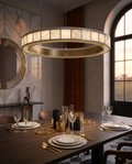 Marble Halo LED Pendant Light — hero, luxury Art Deco dining room, soft warm halo glow over set table