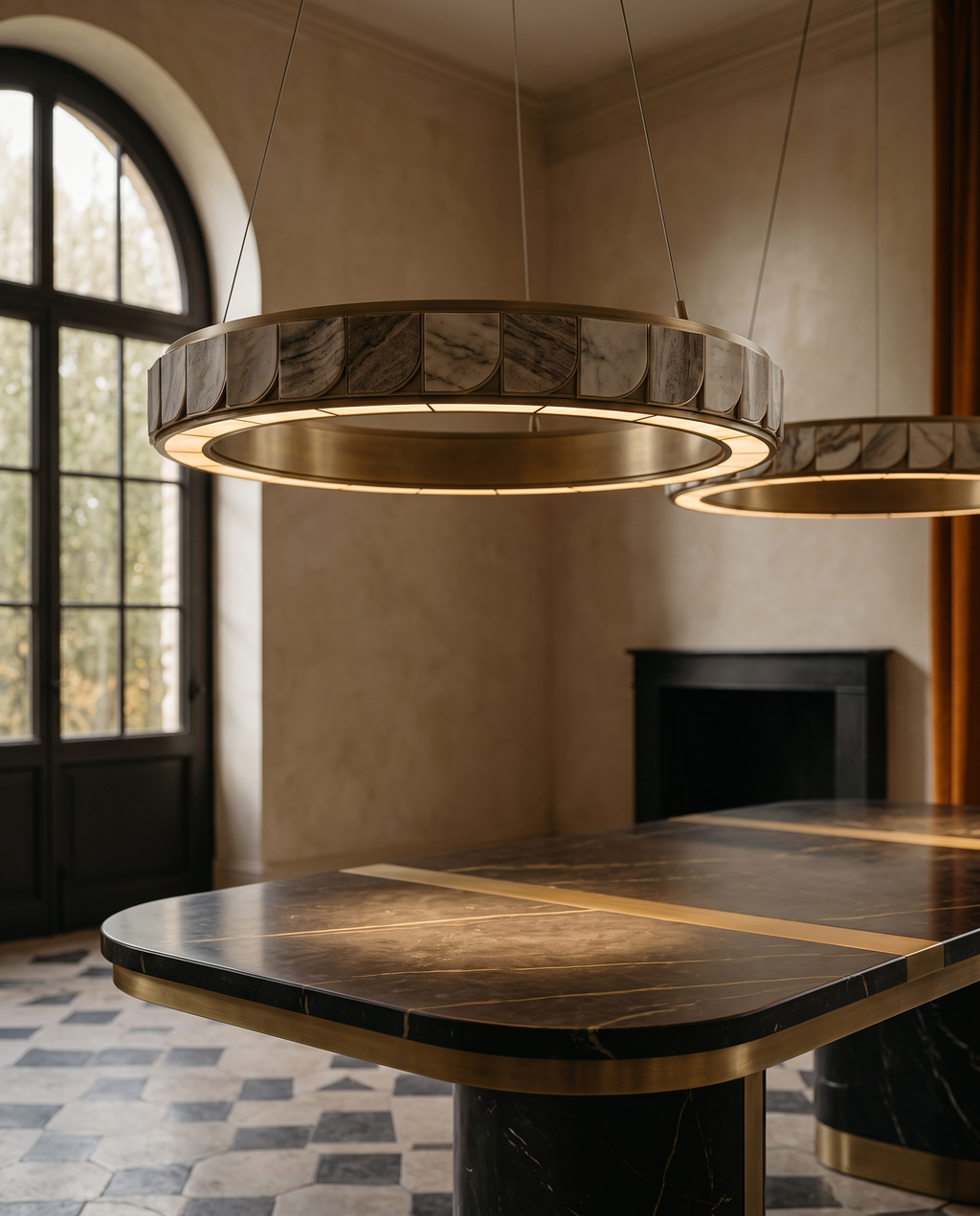 Marble Halo LED Pendant Light — alt angle, modern luxury dining, side profile of marble halo ring