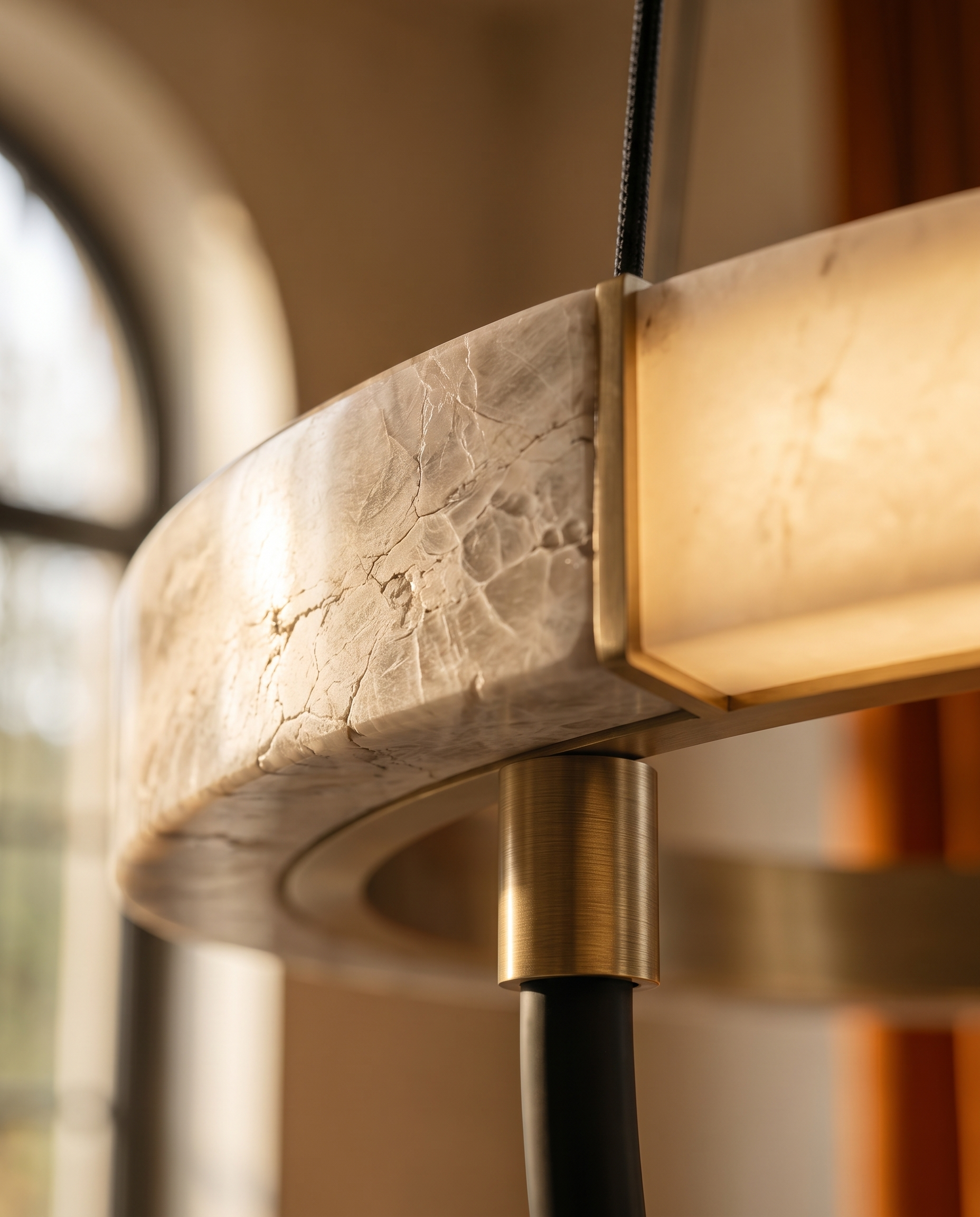 Marble Halo LED Pendant Light — detail macro, marble veining and warm LED ring with brass accents