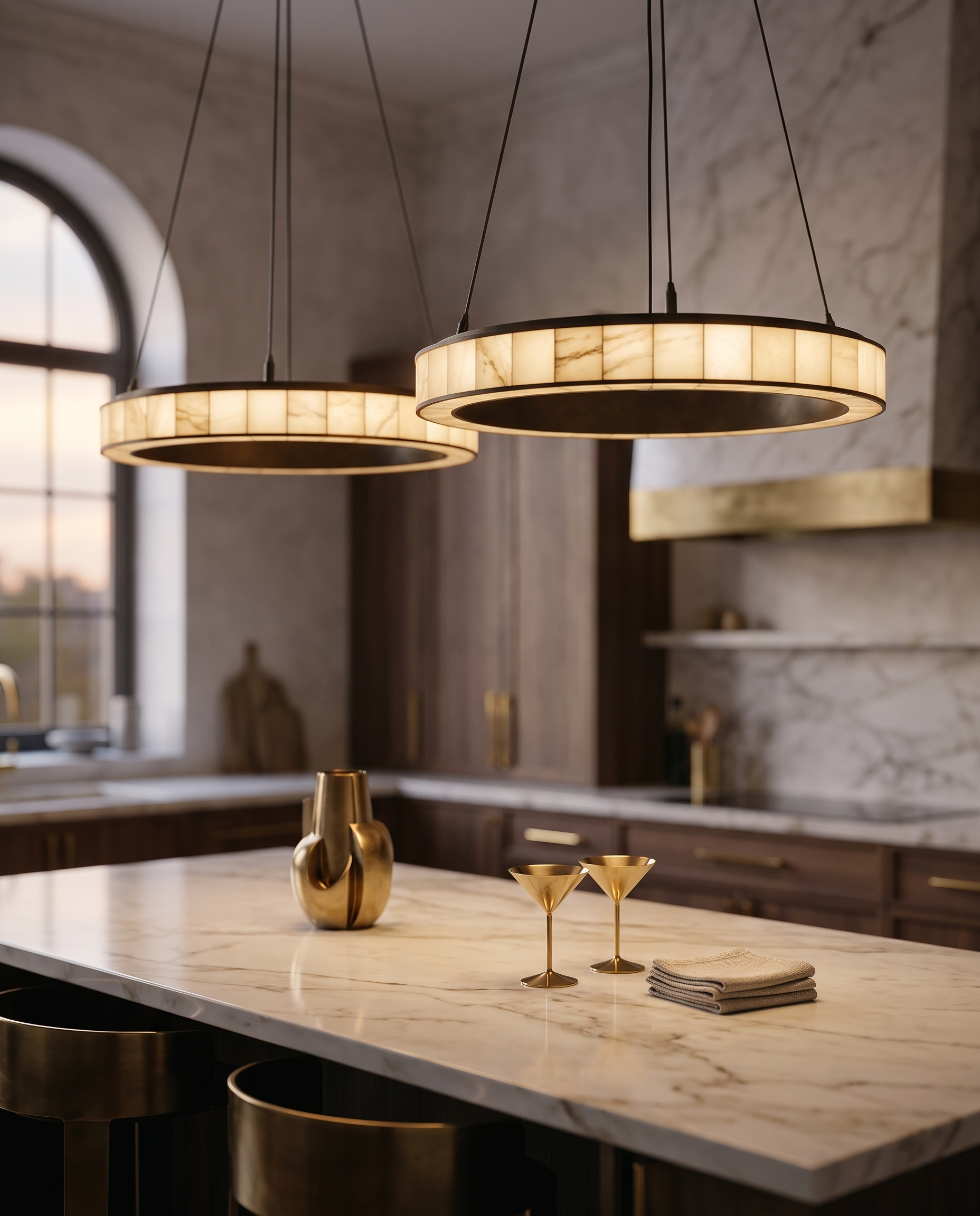 Marble Halo LED Pendant Light — kitchen island setting, warm glow over marble counter with brass fixtures