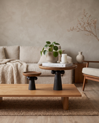 Turned Wood Pedestal Display Tray — styled on a Japandi coffee table with candle and plant to show scale