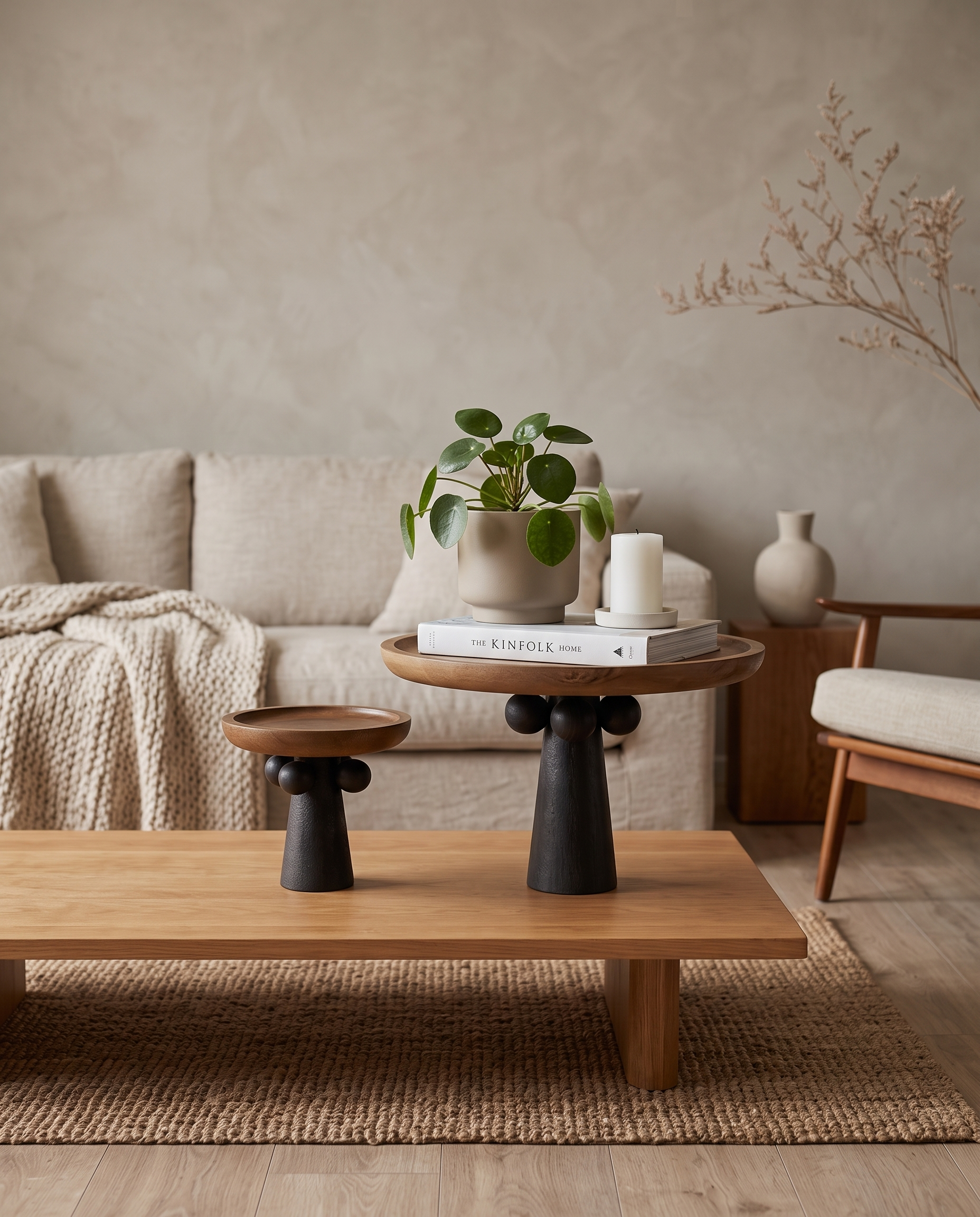 Turned Wood Pedestal Display Tray — styled on a Japandi coffee table with candle and plant to show scale