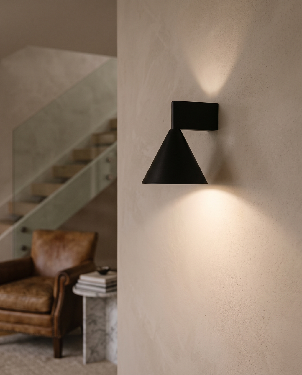 Black Cone Up and Down Wall Sconce, Aluminum — living room stair wall, warm glow up and down