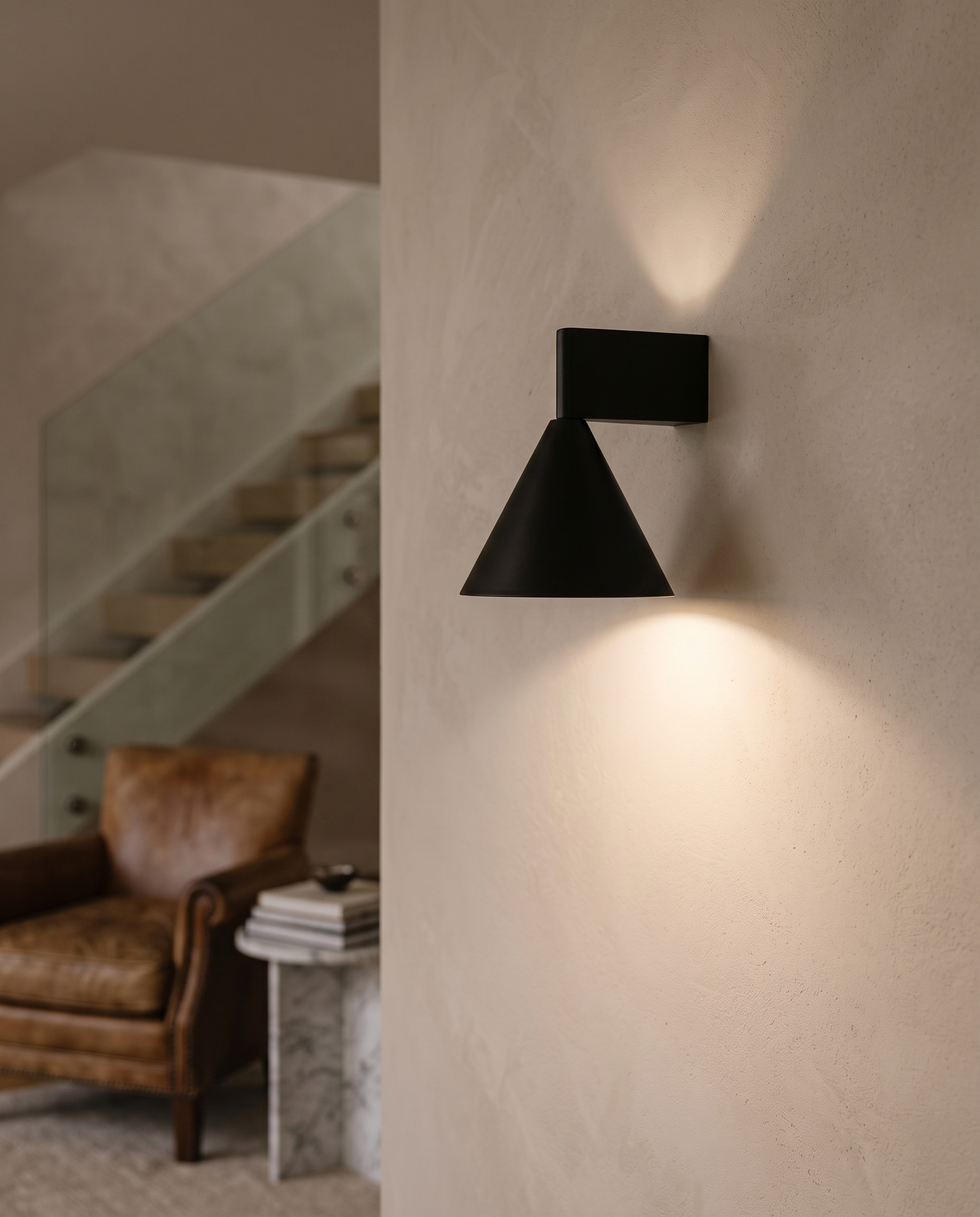 Black Cone Up and Down Wall Sconce, Aluminum — living room stair wall, warm glow up and down