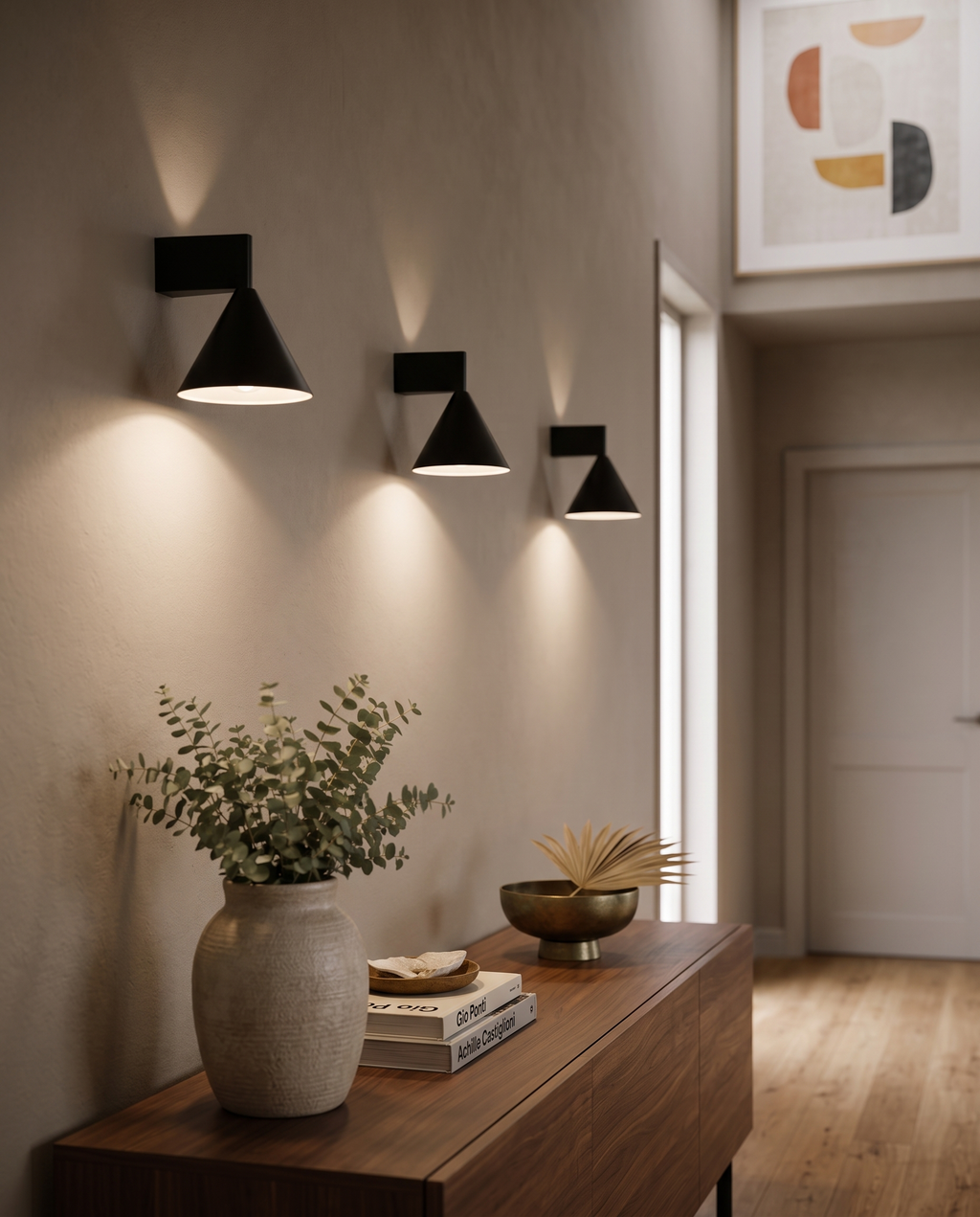 Black Cone Up and Down Wall Sconce, Aluminum — placement and scale, minimalist Italian interior surroundings