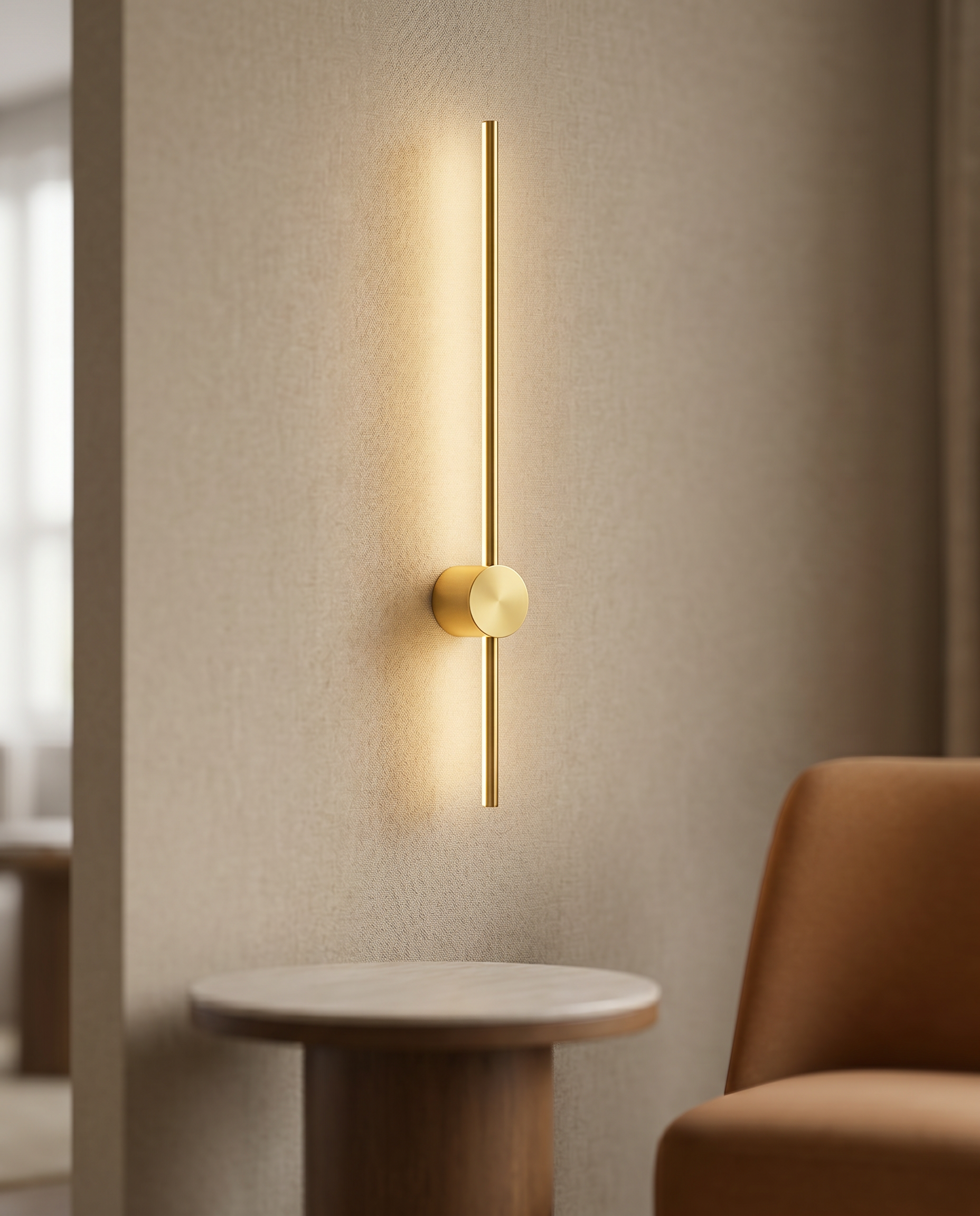 Linear LED Wall Lamp, Minimalist Aluminum — Gold, mounted on a living-room wall