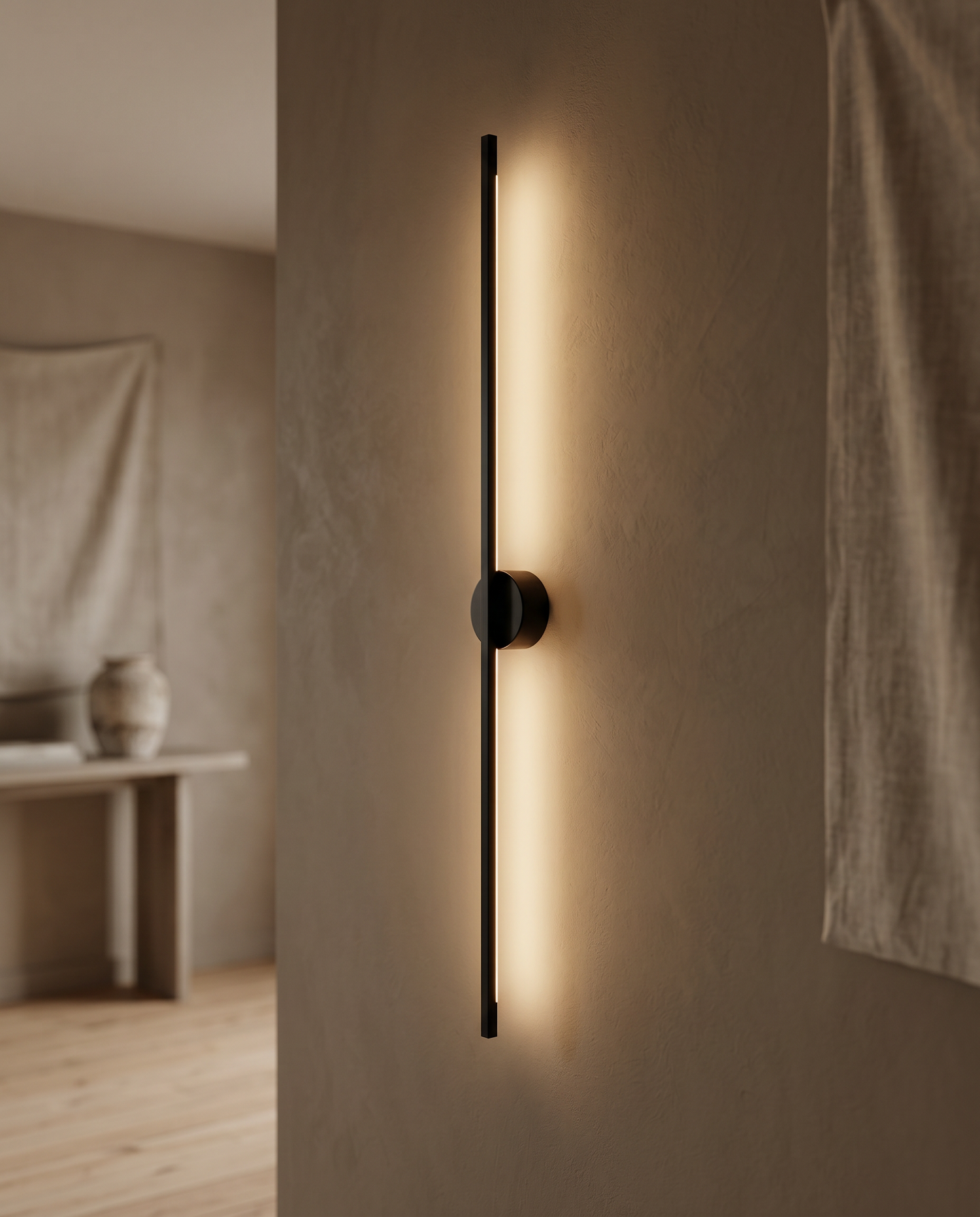 Linear LED Wall Lamp, Minimalist Aluminum — Black, mounted in a minimalist hallway