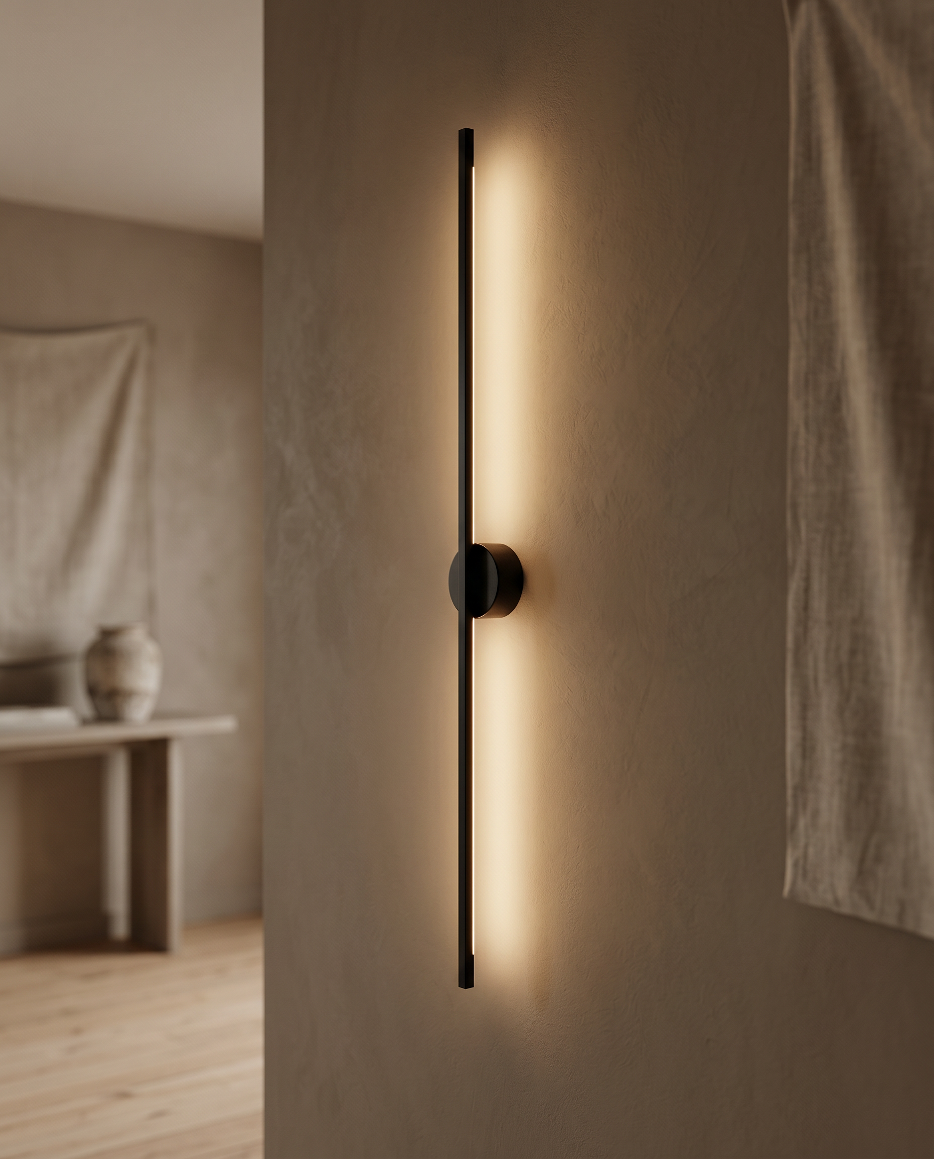 Linear LED Wall Lamp, Minimalist Aluminum — Black, mounted in a minimalist hallway