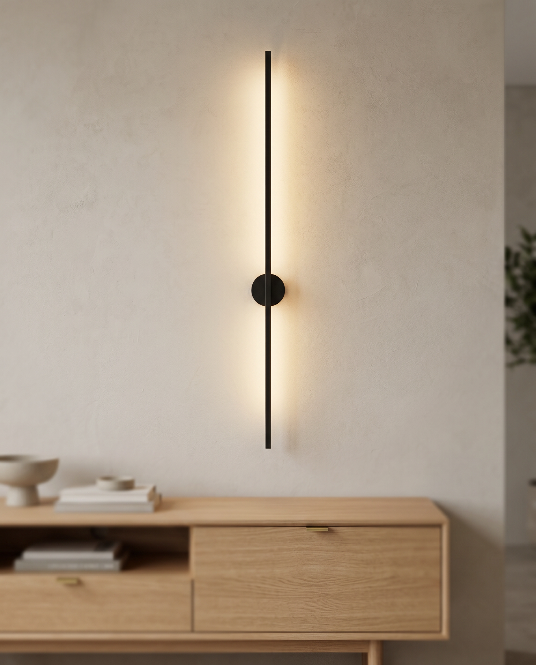 Linear LED Wall Lamp, Minimalist Aluminum — Black, above a console for scale