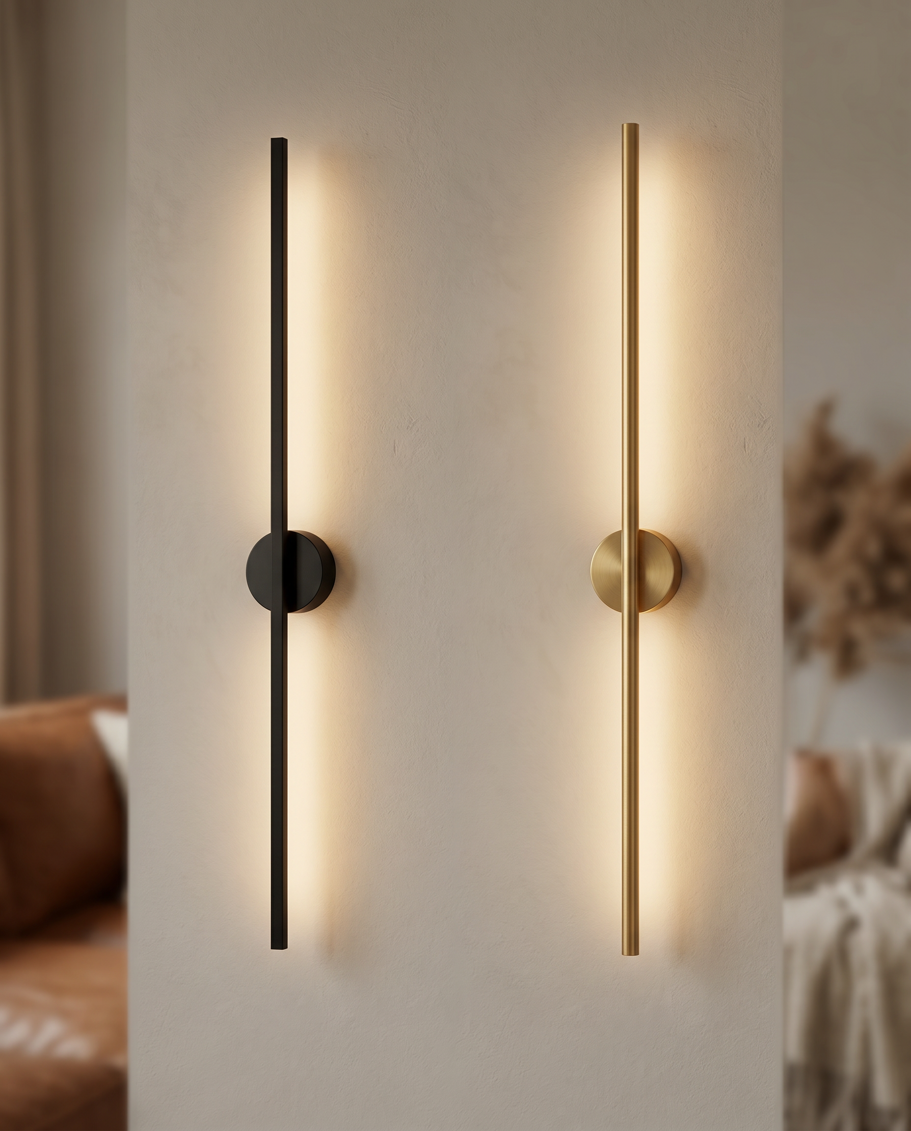 Linear LED Wall Lamp, Minimalist Aluminum — Black and Gold side by side