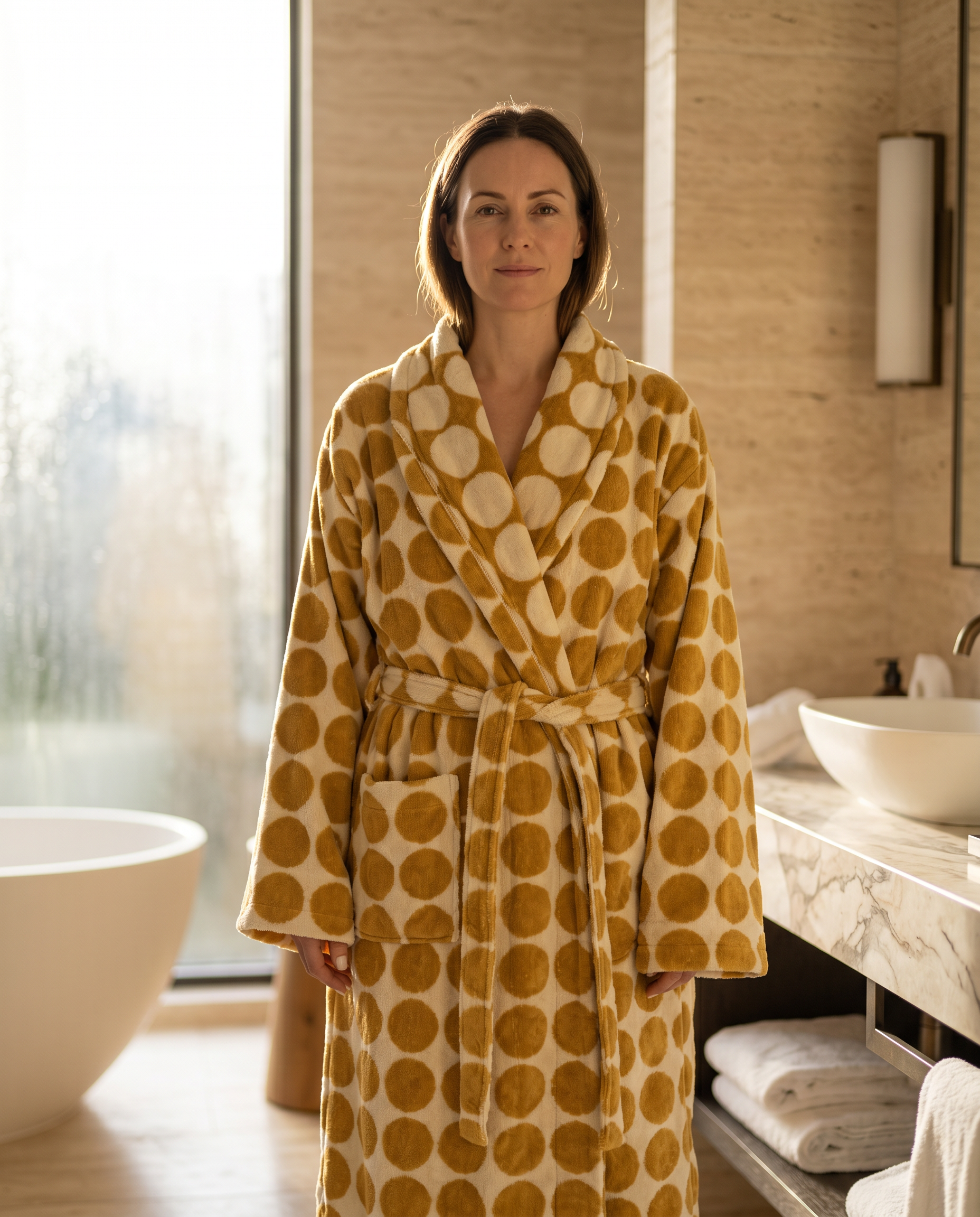 Dotted Jacquard Organic Cotton Bathrobe — Gold, adult model wearing the robe, luxury spa hotel bathroom