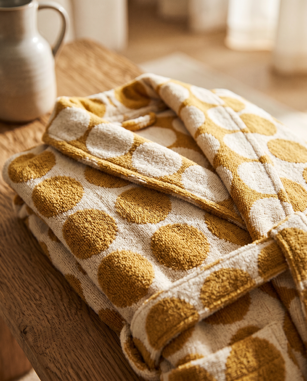 Dotted Jacquard Organic Cotton Bathrobe — detail macro of the woven dot jacquard fabric, warm side light