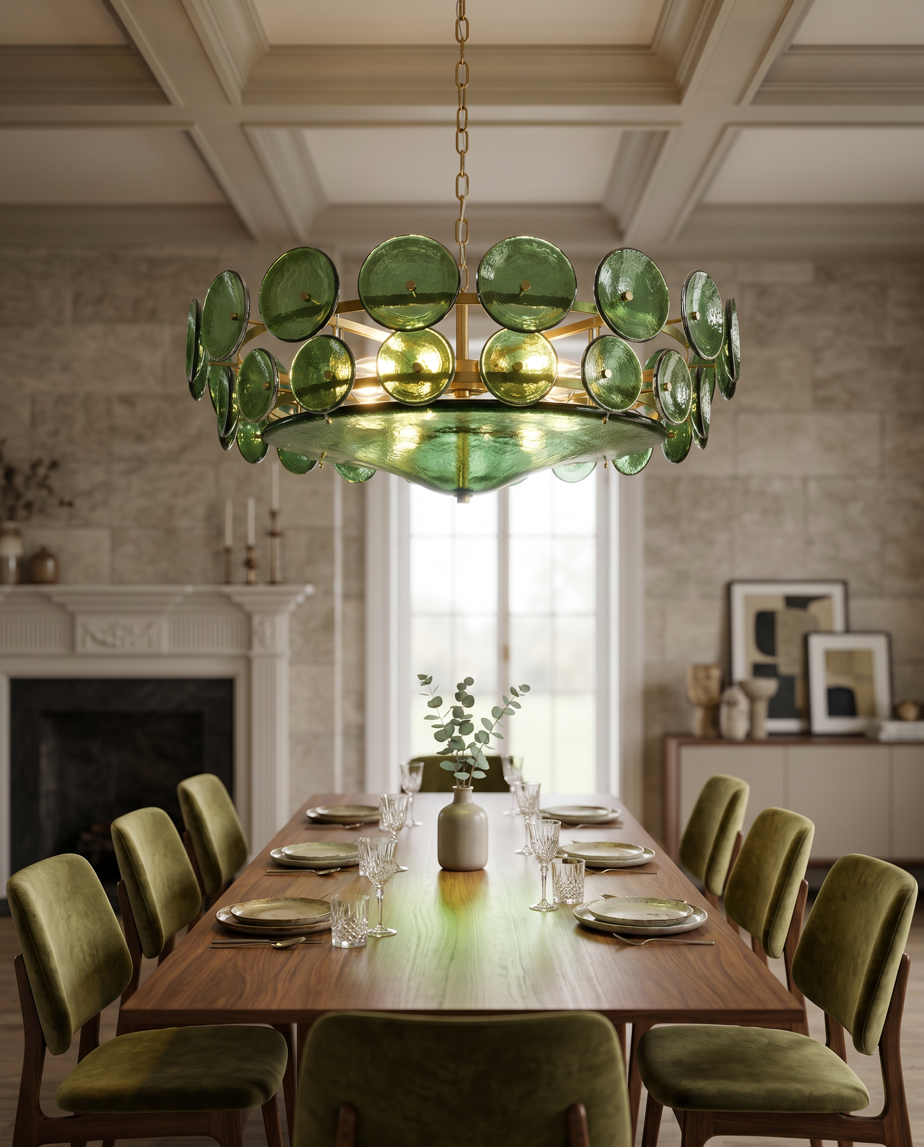 Green Glass Disc Chandelier, LED