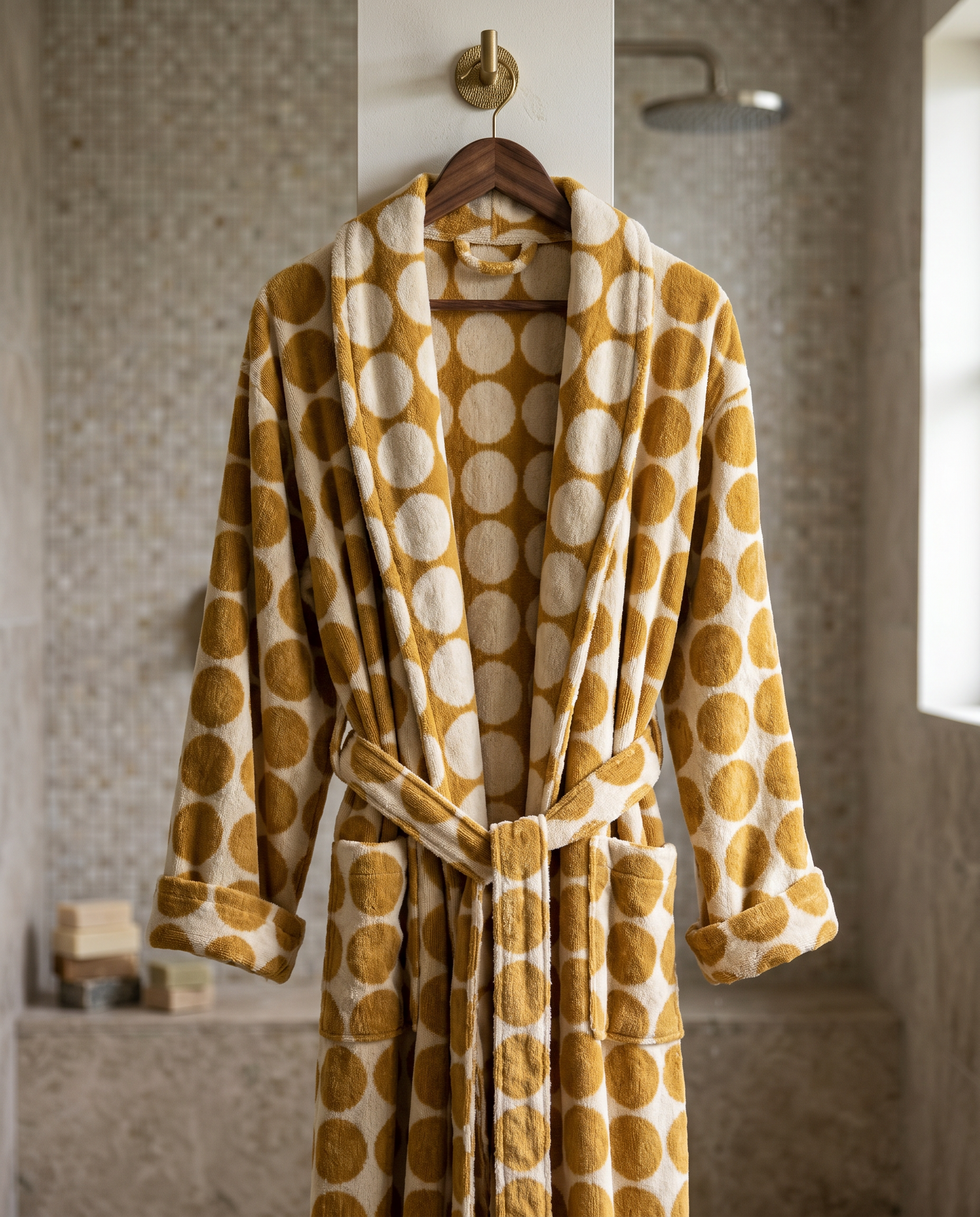 Dotted Jacquard Organic Cotton Bathrobe — on a wooden hanger, natural heavy folds, luxury spa bathroom