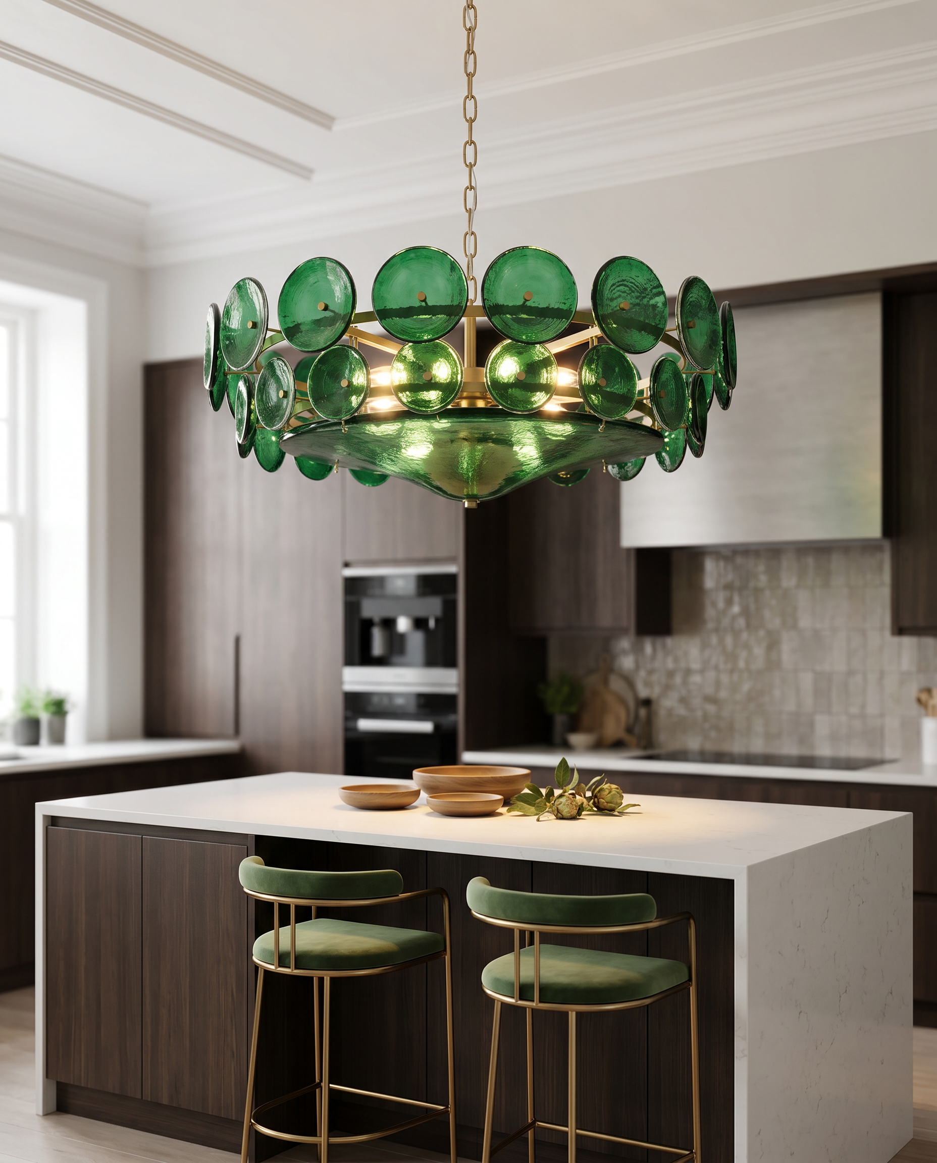 Green Glass Disc Chandelier, LED