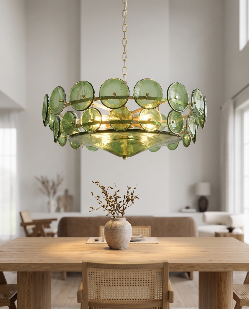Green Glass Disc Chandelier, LED