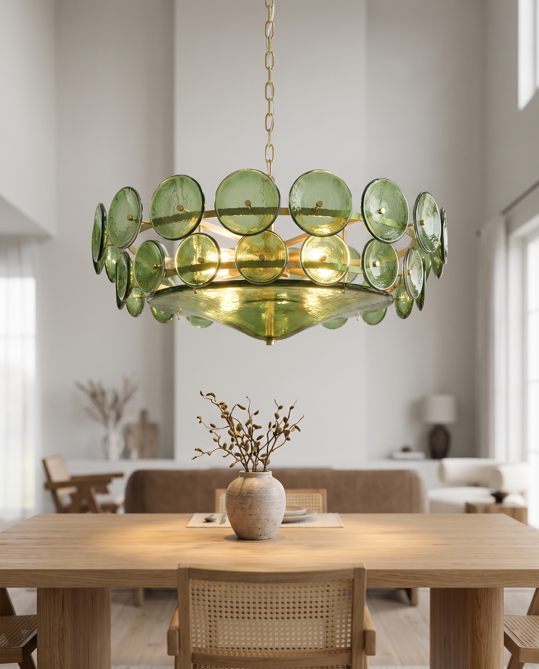Green Glass Disc Chandelier, LED