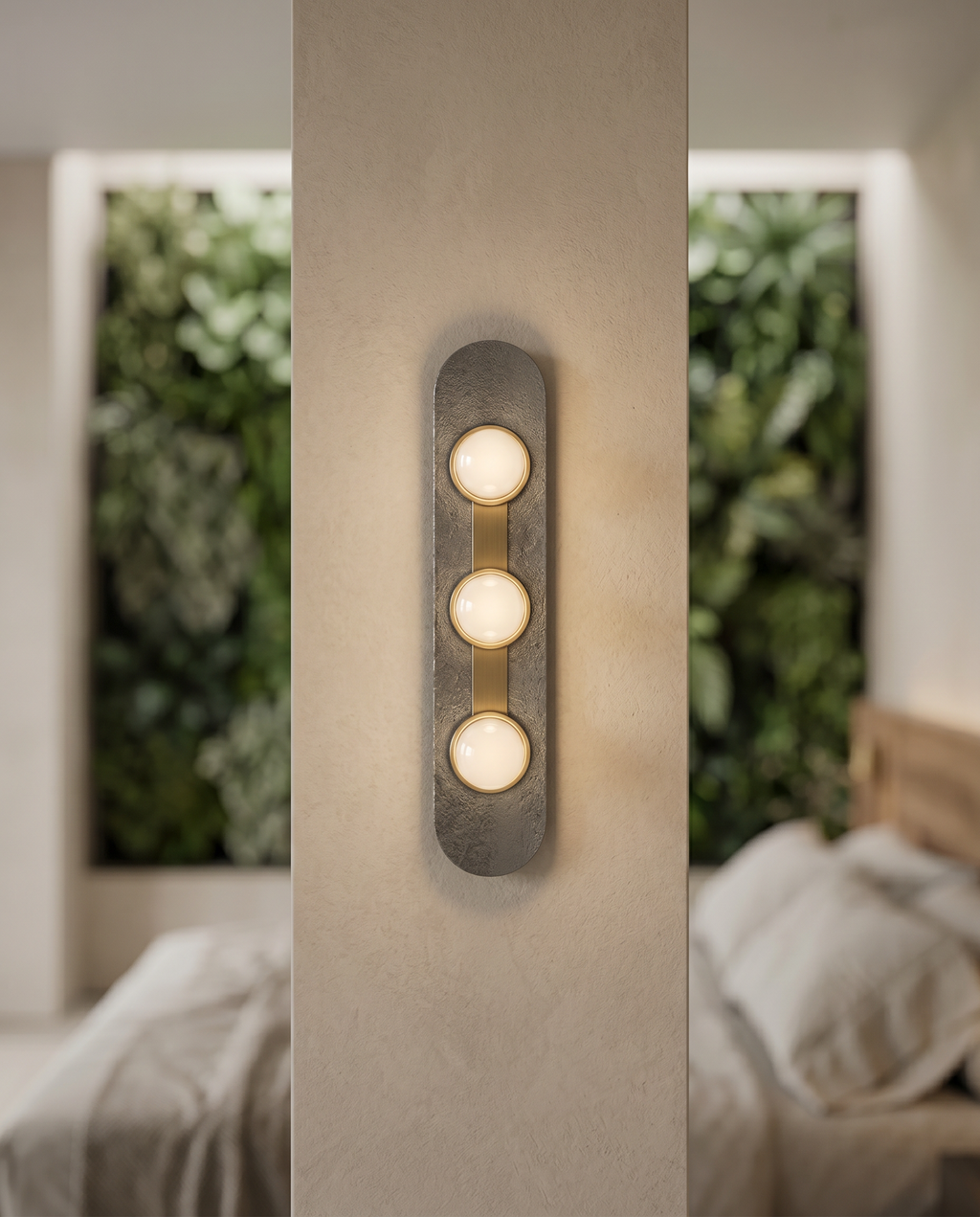 Minimalist Glass and Stone Wall Sconce, Copper — hero, mounted on a modern bedroom wall