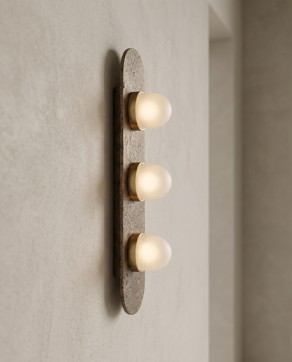 Minimalist Glass and Stone Wall Sconce, Copper — alternate angle showing 3D form, neutral wall