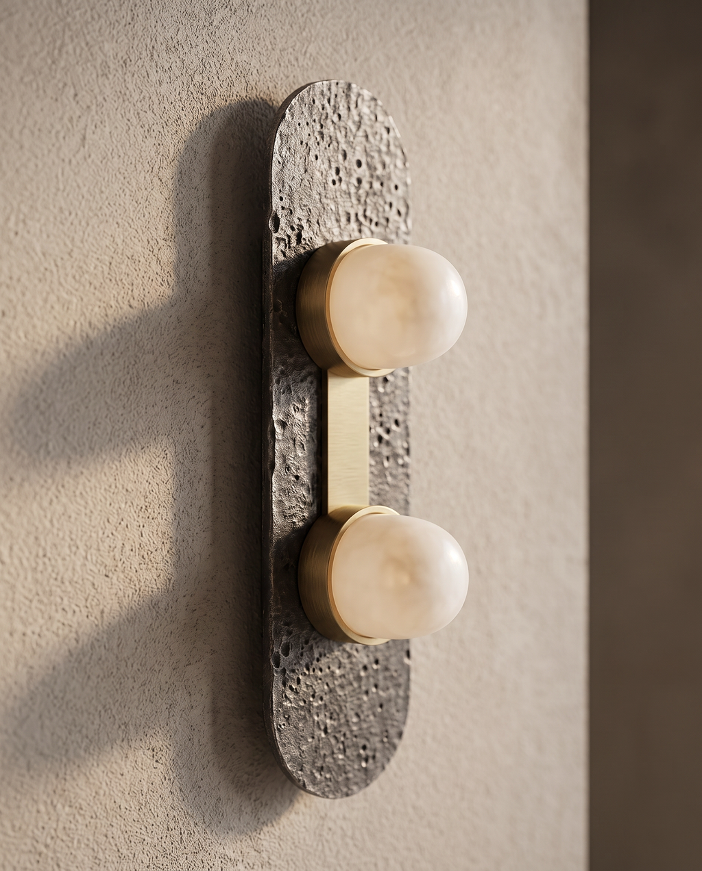 Minimalist Glass and Stone Wall Sconce, Copper — detail macro of glass and metal, warm side light