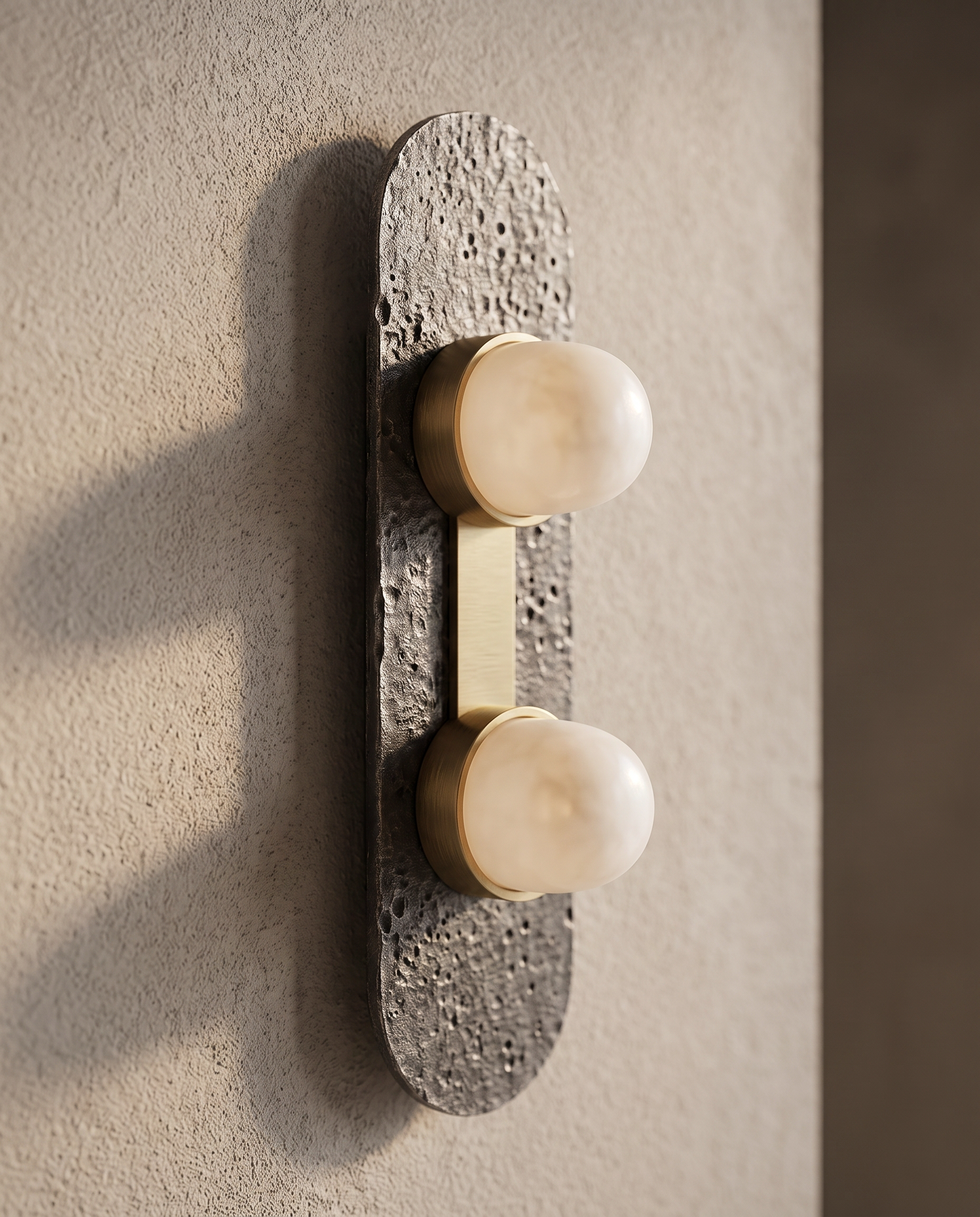 Minimalist Glass and Stone Wall Sconce, Copper — detail macro of glass and metal, warm side light