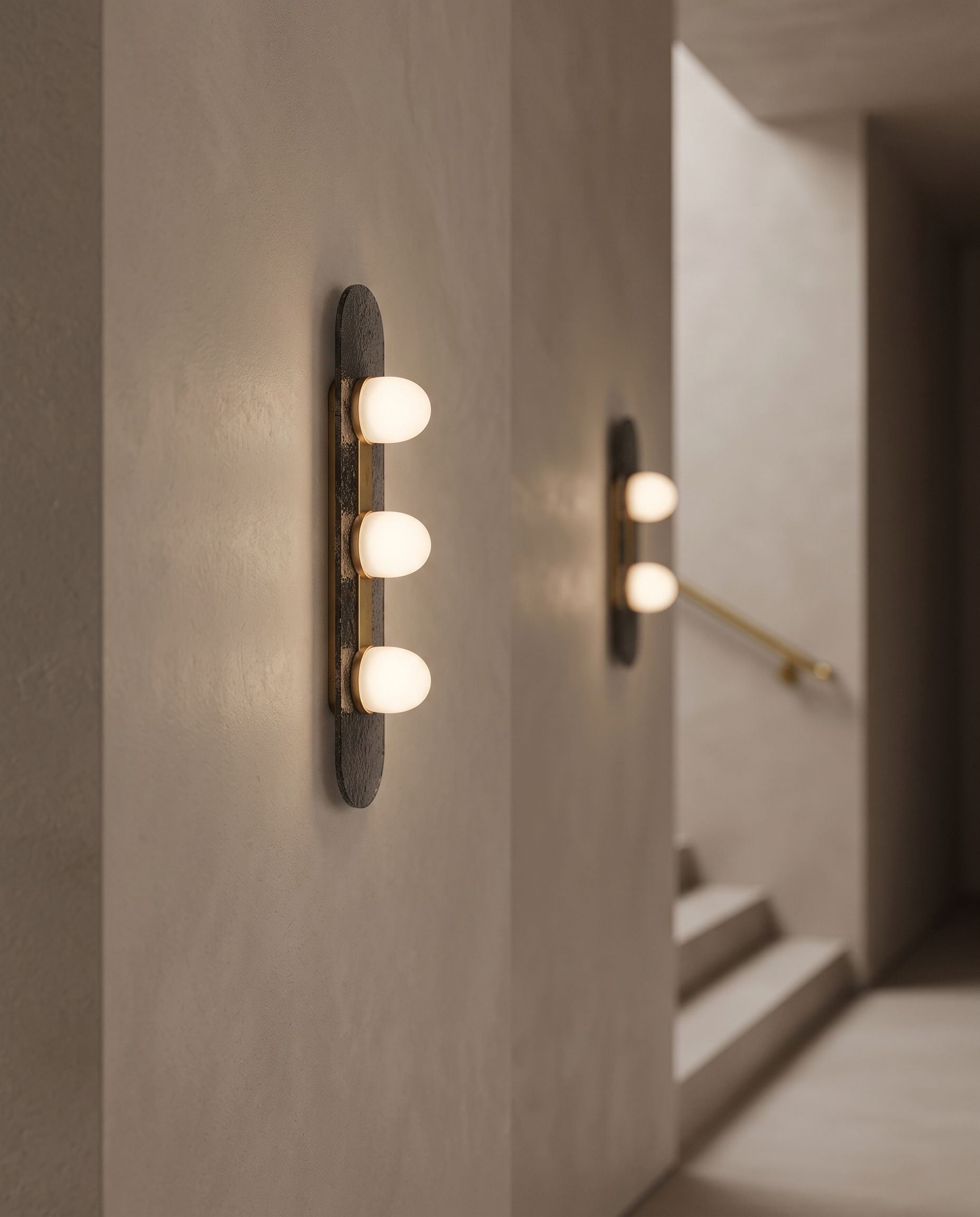 Minimalist Glass and Stone Wall Sconce, Copper — second environment, hallway stair wall